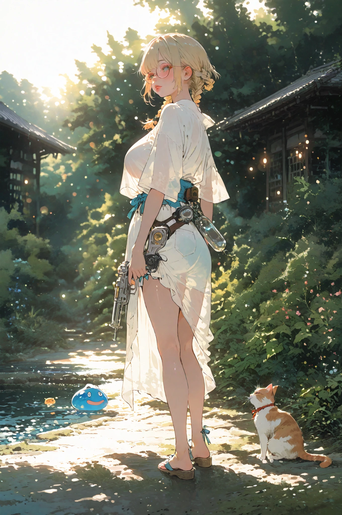 from front,1girl,Cat Slime、braids、Blonde,big boobs,Summer clothes,flat color,flat art,line art,glasses,thick lips、full body,High Quality,Shiny Texture,Realistic,Professional,high contrast with a silver gun,Vivid Color,bokeh,Fine,Natural Light,Summer Scenery,Japanese Garden,Plants,sunlight filtering through the trees,water surface,Silence,anime style,Digital Paintings,Digital Illustration