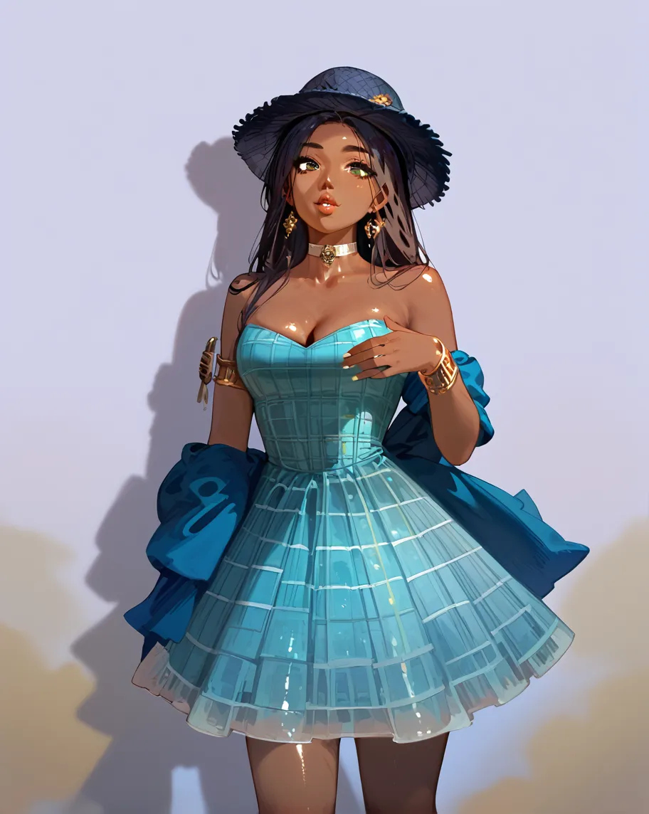1girl, solo, blush, breasts, long  hair, simple background, dress, cleavage, medium breasts, standing, upper body, earrings, parted lips, dark skin, grey background, high heels, dark-skinned female,  strapless, side slit, maid dress, wearing a corset