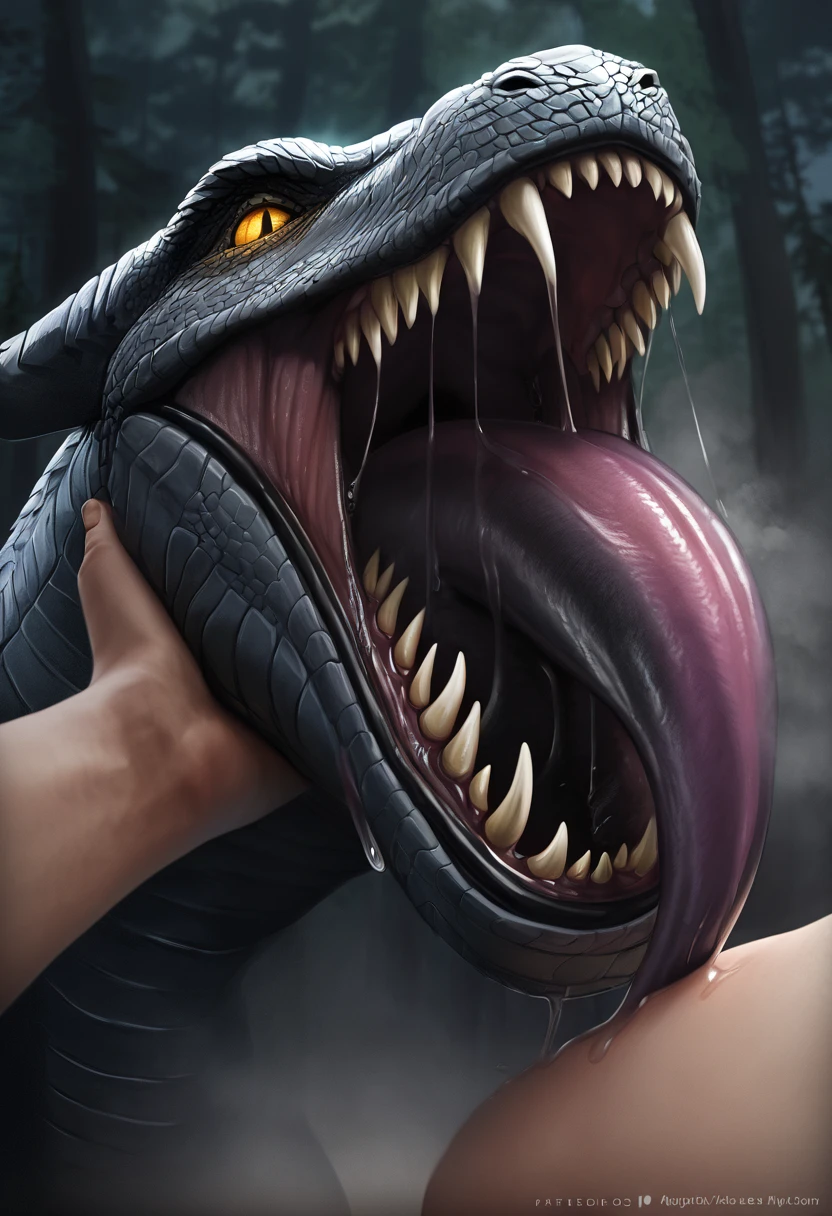 Human first person perspective.Can be lifted by hand.Giant Dragon.Closing Arms.Wild.Sharp teeth.Huge body.Approached.Black mouth.Slimy Throat.Bright throat.scales. A slimy tongue licks me. Open Mouth.Get on your tongue.Physical Difference.naked.Stretch out one hand.A big tongue wraps around my arm.Dripping saliva.Evil yellow eyes staring.The mouth comes closer.Swallowed Whole.prey.Hot breath.差し迫ったSwallowed Whole.drool dripping. Shadows Spread.Hot breath.fog.A terrifying growl. Enveloped in darkness.Touching the tongue.Uplifting.forest.nature.Realistic.sense of distance.Detailed mouth.(masterpiece.Highest quality.)