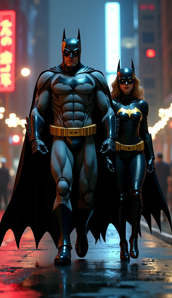 Create an image of a slim and muscular dark-skinned Batman next to a girl in a dark-skinned Spider-Man costume with loose hair and an hourglass body.
