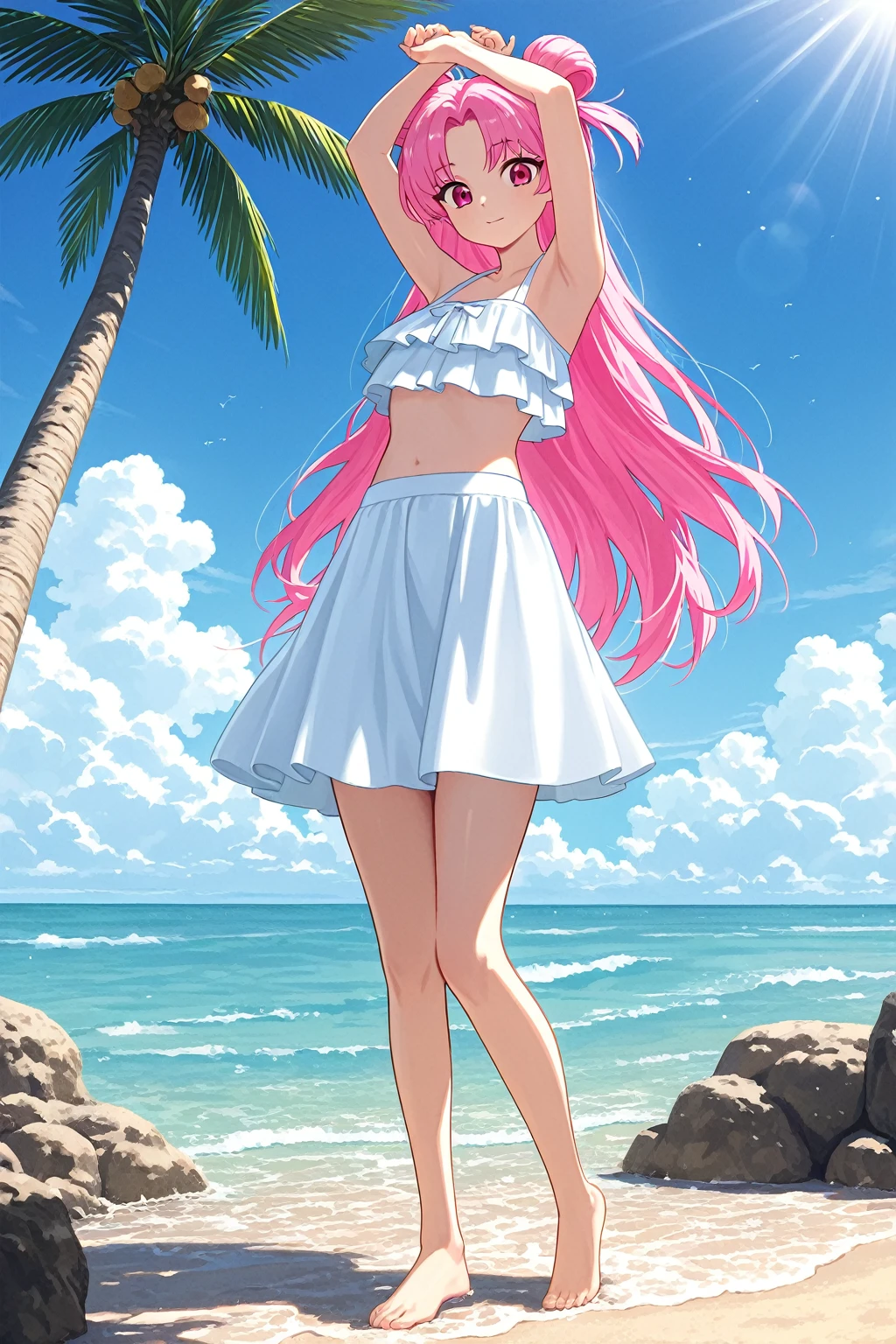 shikimori, medium breast, slim legs, sunny day, Beach, leaning, beautiful eyes, green eyes, nervous