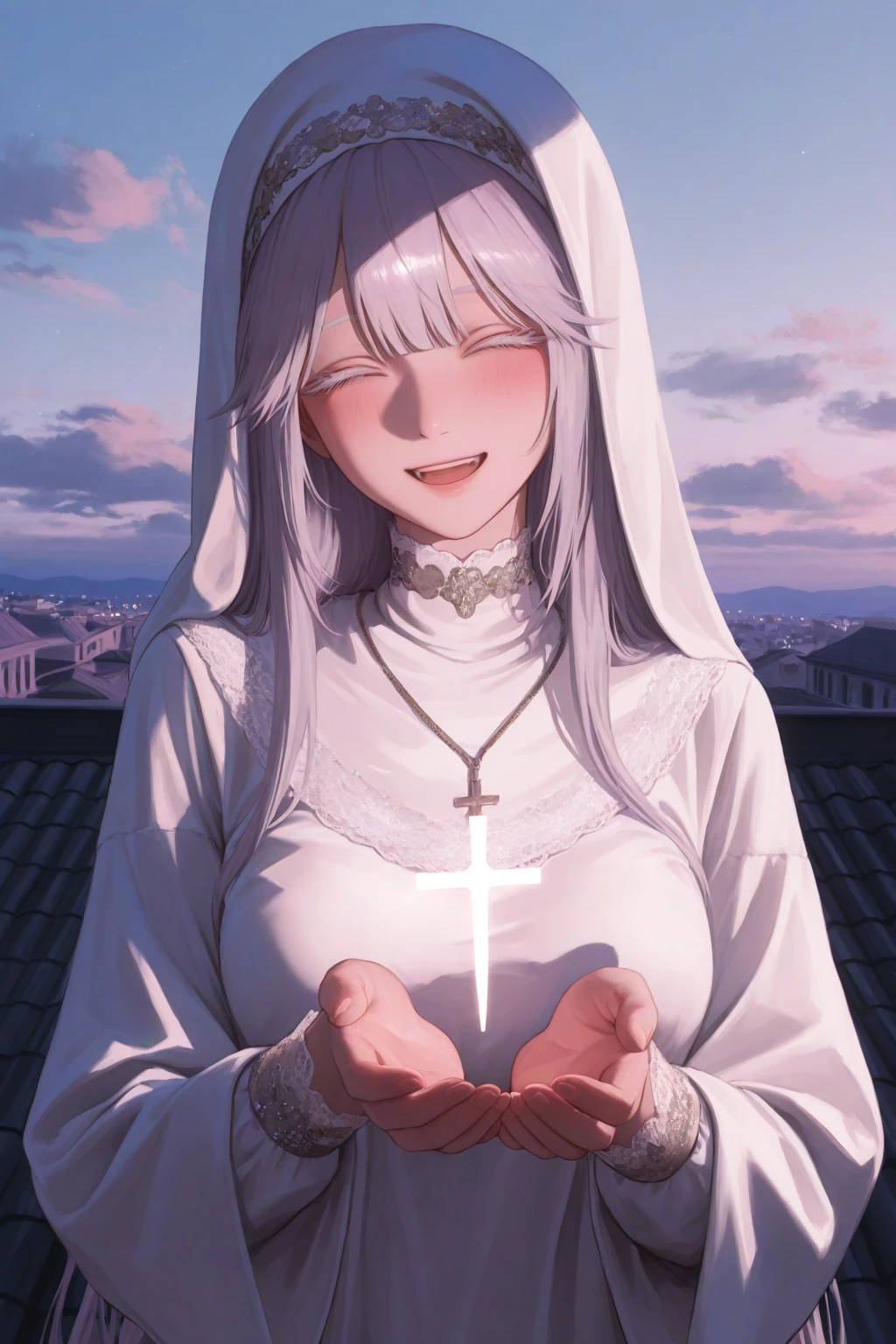 Highest quality, masterpiece,White Hair, Purple Eyes, Purple kimono, Exposing shoulders, ,Fair skin, Long Hair, Long Bangs, Small breasts, Confused eyes, snow, sexy, Cemetery, Cross Grave, jitome, teeth, Leg lift, stretching, half closed eyes, Off Shoulder