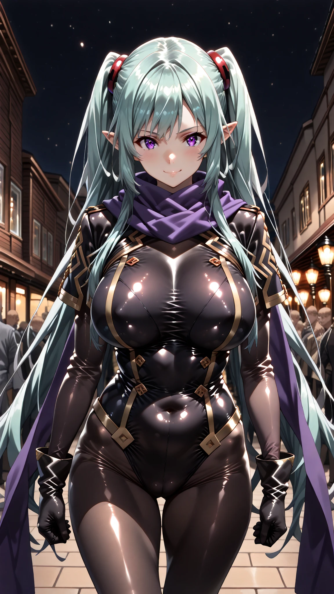dark blue hair,,long hair,purple eyes,pointy ears,elf,((black tight body suit)),((((gigantic breast,wide hips))))
