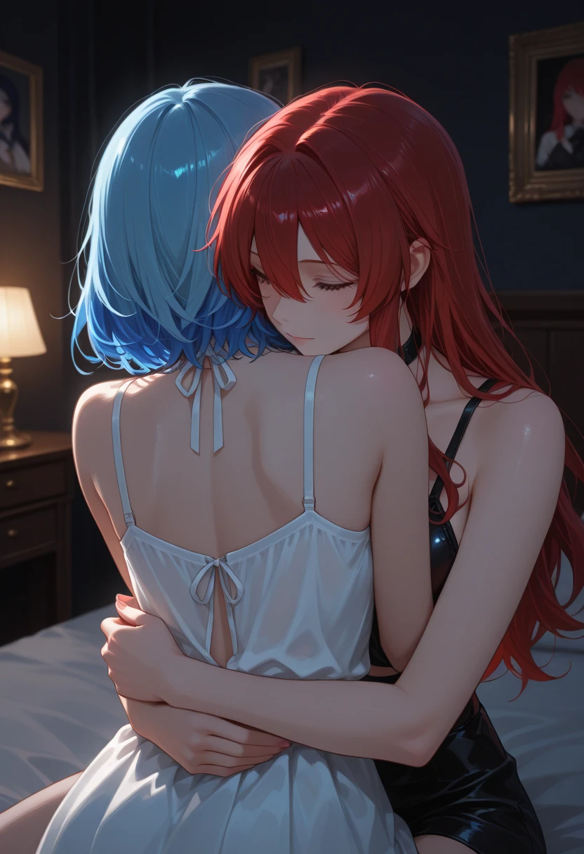 2girls, yuri, cowboy_shot, (illustration:1.1),(best quality),(impressionism:1.2),(masterpiece:1.1),(extremely detailed CG unity 8k wallpaper:1.1),(highres:1.2),yuri, 2girls, beautiful detailed eyes,eyelash,long hair,red hair,red eyes,asymmetrical bangs, dark knight and holy demon,Infernal,Bloody hair,(perfect body:1.3),(smooth skin:1.2),(shiny:1.2),(Oil highlights:1.2),chromatic aberration, deer horn <lyco:GoodHands-beta2:0.30>