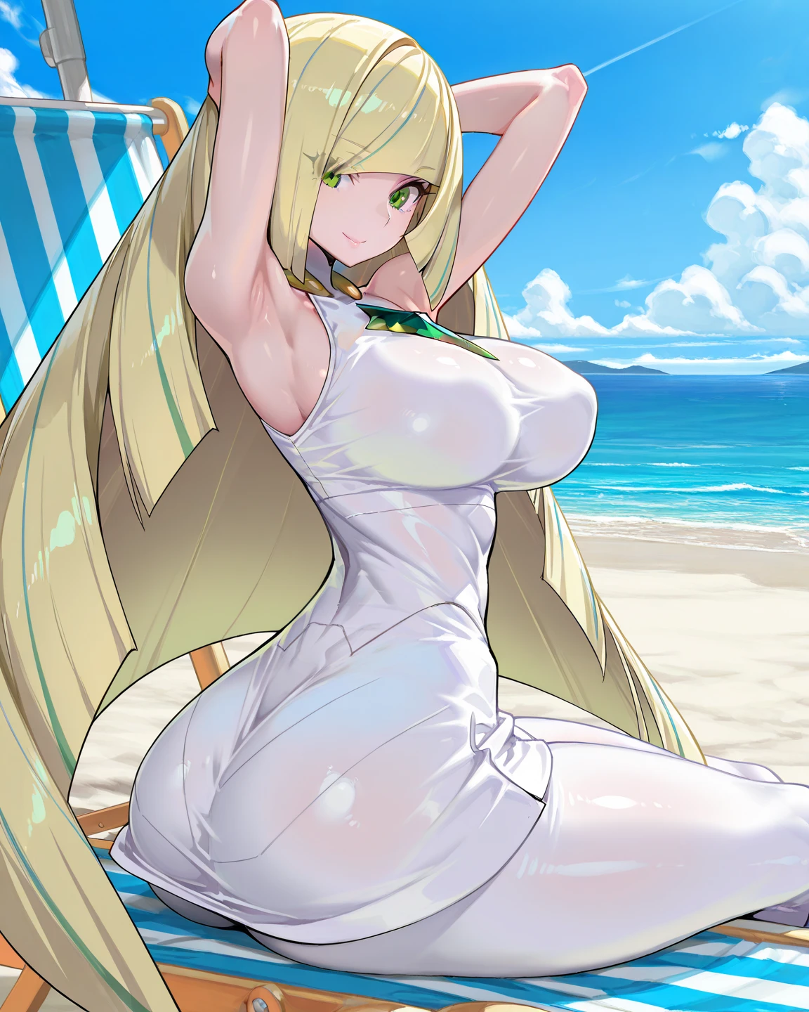Lusamine/pokemon,Blonde,(One woman),Big Breasts,Happy, smile, (Showing nipples),(Show your vagina),sex,sexly,penis in the steals,ahegao,penis,steals, Big Breasts,(orgasm:1.6),fuck,holding waist, Ocean