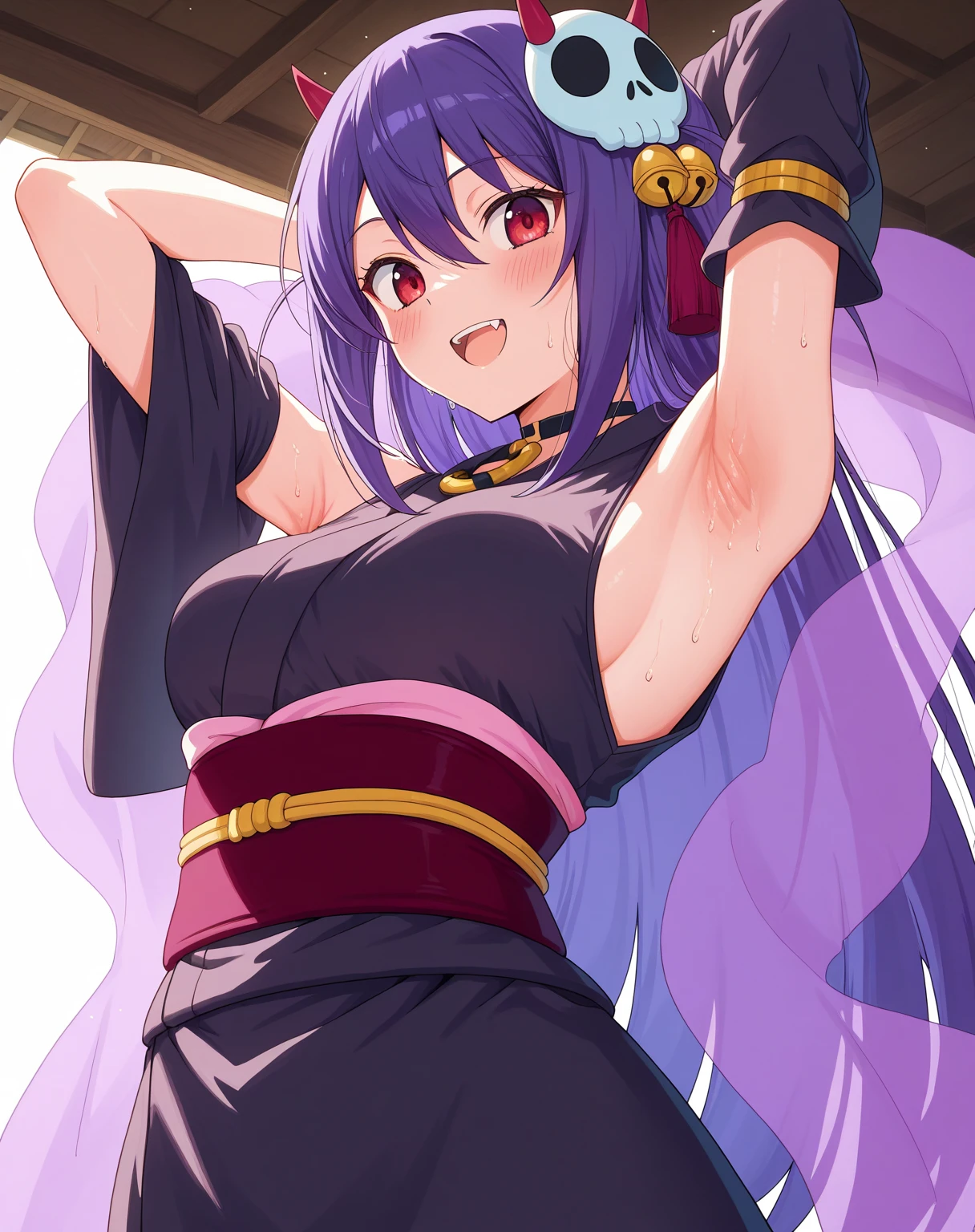 score_9, score_8_up, score_7_up, score_6_up, score_5_up, score_4_up, source_anime, 1girl,lora:raidenshogun1-000009:1>, raidenshogundef, upper body, smile, blush, hairpins, purple hair, long hair, brown eyes, w-w-chain, shackles, raise arms, kimono, day, dungeon, best quality, best res, 4K UHD,
 