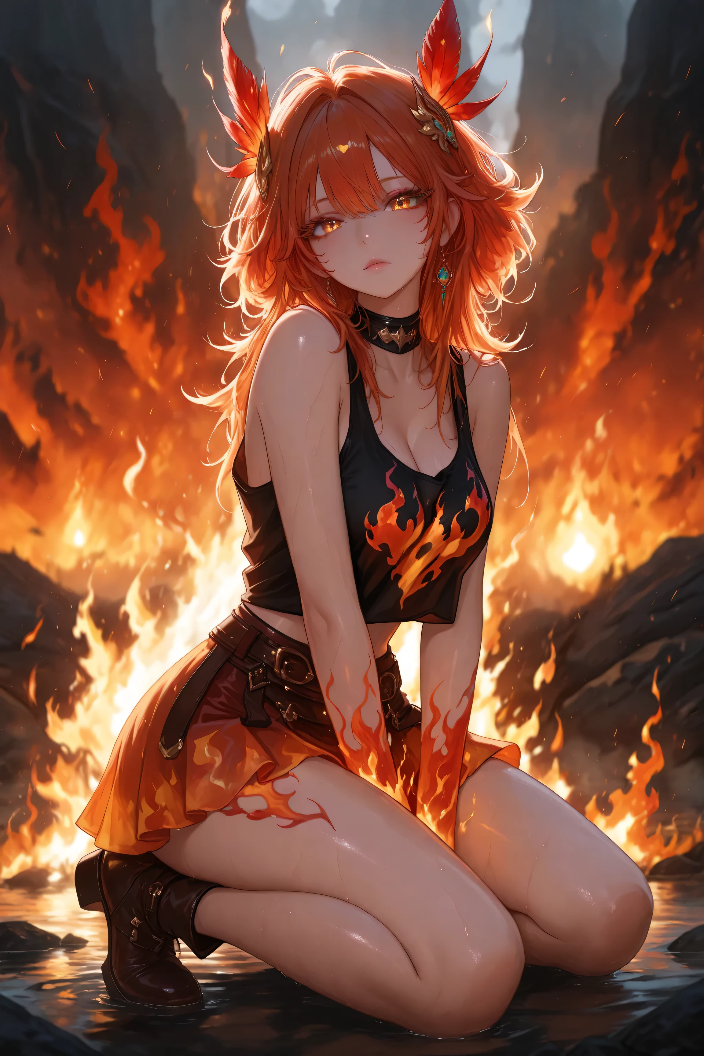 Masterpiece, high quality, high resolution, 16K, highly detailed background, digital painting, unreal engine, Makoto Shinkai illustration, hyperrealistic, fantasy, ite girl, beautiful face, beautiful skin, long eyelashes, beautiful eyes, beautiful legs, full body, flame feathers, Orange hair, messy hair, red tips, feather hair ornament, golden eyes, fair skin, flame pattern all over, tank top and skirt, white and orange based clothing, transparent material, choker, expressionless face, fire magic, fire spirit, burning flames, burning sunset,