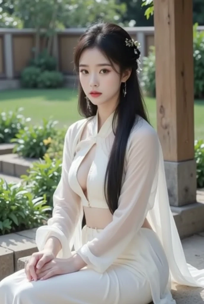 1 beautiful girl, long black hair, black eyes, Ancient Chinese style bun, wearing a thin silk shirt of ancient China, appears shoulders and head in the photo, (pout, embarrassed, small face makeup detailed and very beautiful, Enlarged breasts, regular round breasts, breast augmentation, balanced breasts, big boobs, blush, from front, from above, looking at viewer, upturned eyes, masterpiece, top quality, best quality, official art, unity 8k wallpaper, highres, ultra-high res, ultra-detailed, (photorealistic:1.2), alone, solo, Only 1 girl, style hanfu Dunhuang,
