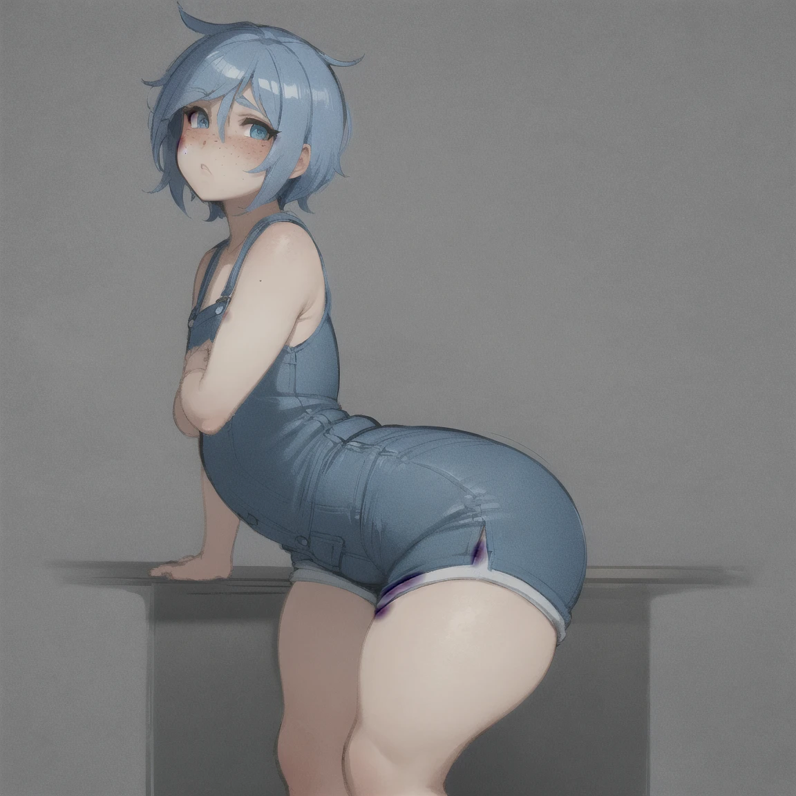 girl,(Shortcuts,Pooping,Her butt is facing me,Sweaty,Looking at me),Blue Hair,whole body,Completely naked,Feeling embarrassed