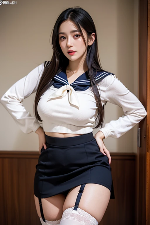 white japanese woman,((Beautiful face)),(higher..:1.5),(The woman on the right has large breasts.. :1.37),(Black School Uniform:1.4),The background is a brown door.
