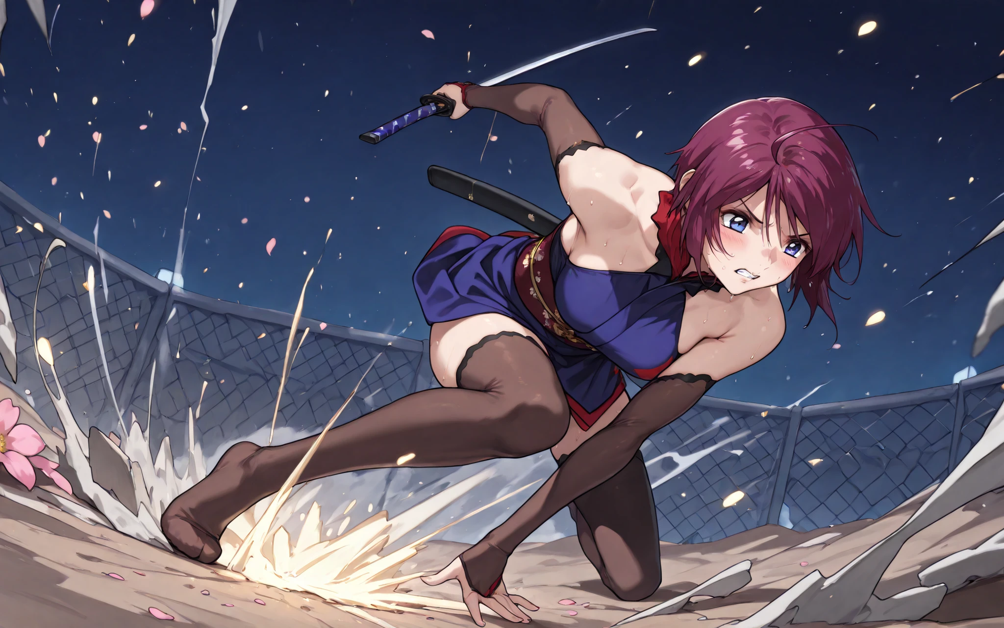 score_9, score_8_up, score_7_up,BREAK,masterpiece, best quality,,amazing quality,source_anime,anime coloring, absurdres,A very detailed and Hi-Res image、lightning crackling around, (beautiful and detailed face),1girl,(solo),(((lunamaria:1.1))),1girl,,(((LunamariaHawke:1.1))),(((purple hair:1.3))),((ahoge:1.2)),(((short hair:1.2))),blue eyes,breakmiyamoto musashi,fate grand order,miyamoto musashi \(fate\),(((high neck,blue kimono,short kimono,japanese clothes,detached sleeves,bare shoulders,Brown elbow gloves,thighhighs, unsheathed,scabbard,break ,Flower-patterned red obi,gold obi cord break))),((lunamaria)),1girl,solo,blue eyes,red hair,short hair,ahoge,eyebrows,quality\(8k, Hi-Res, top- quality, top- quality real texture skin, super realistic, increase resolution,RAW Photo, very detailed, wallpaper, golden ratio,vibrant{{breathing}},full body,(Watery eyes),(closing eyes),{Wet body},(Close-up of a girl:0.7),(((add energy to the scene. Motion Effect))), (Like a subtle blur),bokeh,full body,(nape of neck),,((Pained expression)),(((Sweat:1.4))),(grimace),blush,(holding one sword ,movement, motion blur, dynamic angle,full body, BREAK depth of field, foreshortening, dynamic pose, super wide angle shot, extreme perspective, ,anime wallpaper,light particles, cinematic lighting,Visual impact,dynamic pose,ultra-realism, anime style, dreamy psychedelic anime,Elegant outfit, perfect figure, beautiful , The background is a dark forest clearing illuminated by faint blue light, with falling cherry blossom petals swirling around, adding a sense of elegance and tension,moving,night,outdoor,effect,((reaching one arm front and open palm)),(her softly emphasized by the folds of her loosely draped kimono, wearing her signature red and blue kimono-style outfit from her first ascension),(((the opening still loosely adjusted with no visible bra,fabric naturally concealing her breasts))),dark blue bra under kimono,dynamic pose,dynamic action,Fully detailed sword,