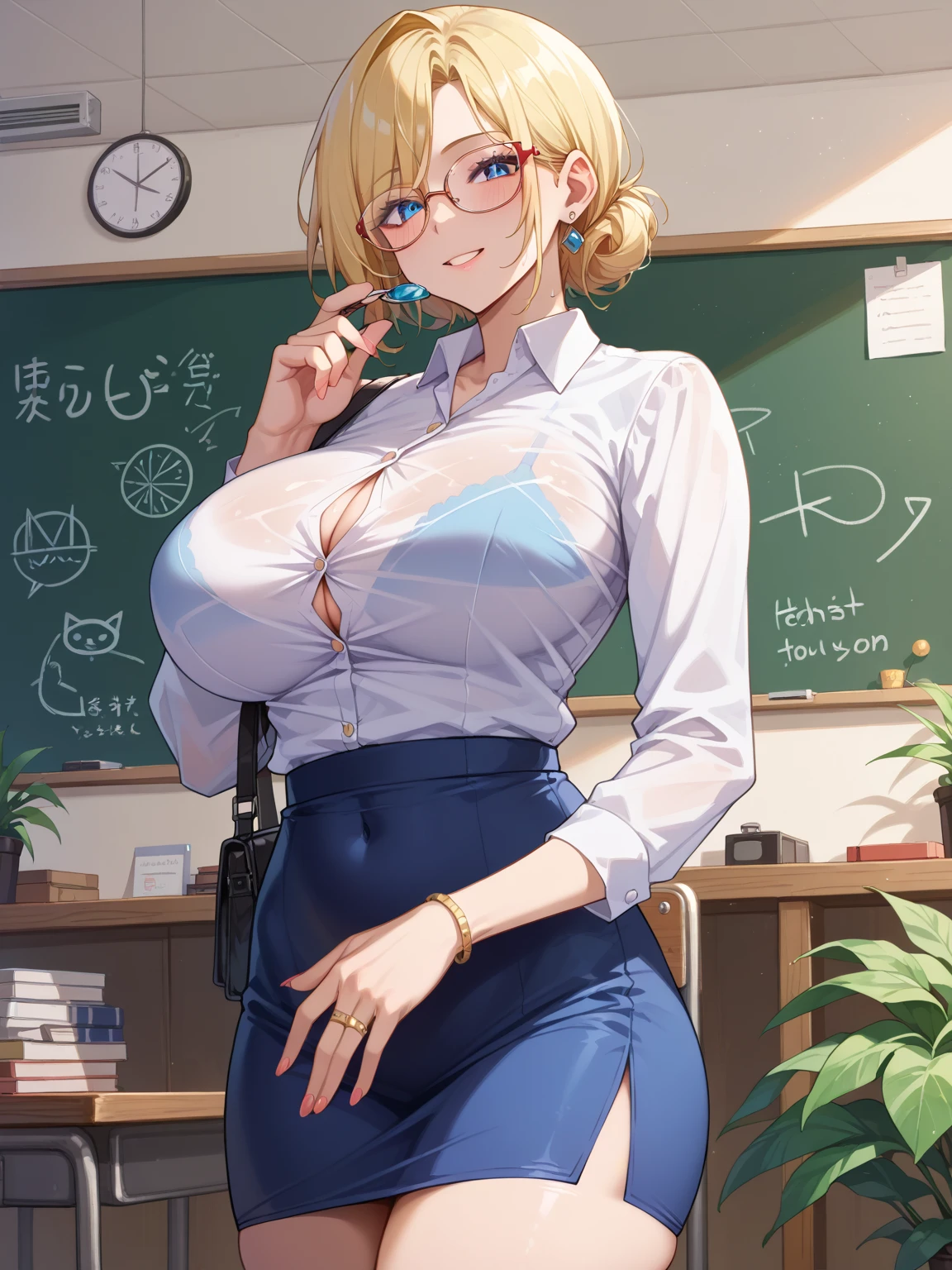 best quality, masterpiece, solo, 1girl, <lora:harunomanji-10:1>, green_hair, blonde hair, glasses, teacher, open jacket, cleavage, light smile, skirt,