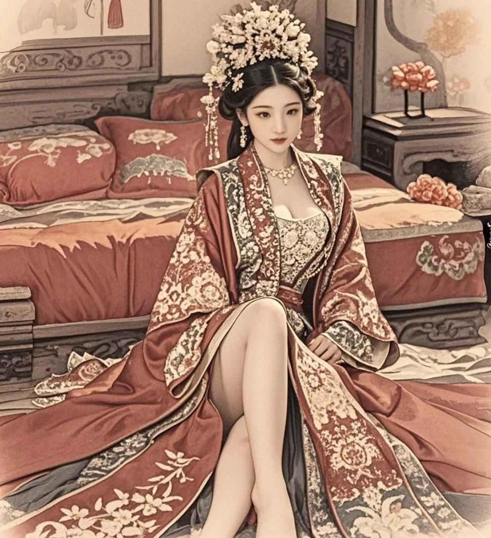 A naked picture of the empress of the Qing dynasty in China, standing in front of the camera, showing her large breasts, hairy abdomen, and pubic hair.、
Her hair is tied up and pulled up with a gorgeous flower ornament on both sides.、Chinese style Qing Dynasty empress crown background on stone pavement outside the Chinese palace of the Qing Dynasty