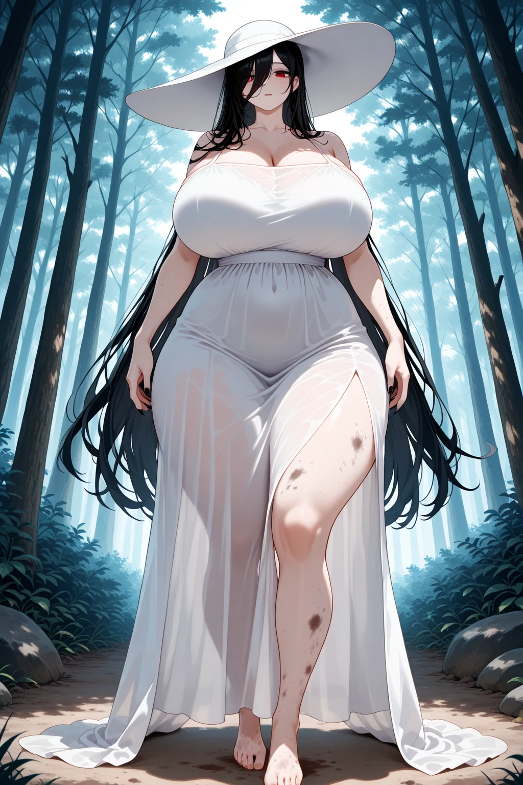 1female，45 yers old，Married woman，legs long, a slender waist， photo exposure， solo，（Background with：at a forest，the rainforest，Ground area water） She has long black hair，Stand deep in the forest，seen from the front， curlies， sky with many clouds，（（（tmasterpiece），（Very detailed CG unified 8k wallpaper），Best quality，light，detailed back ground，beautiful pupil，（very delicate beautiful），（Beautiful and detailed eyes description），ultra - detailed，tmasterpiece，））Redlip，Snow-white skin，a little bit chubby，pubic hair very large，facing at the camera，A high resolution，ultra - detailed），Revealed，Very huge，， Convex，Camel toes，The cleavage protrudes，athlete（dressed in：，aprons），