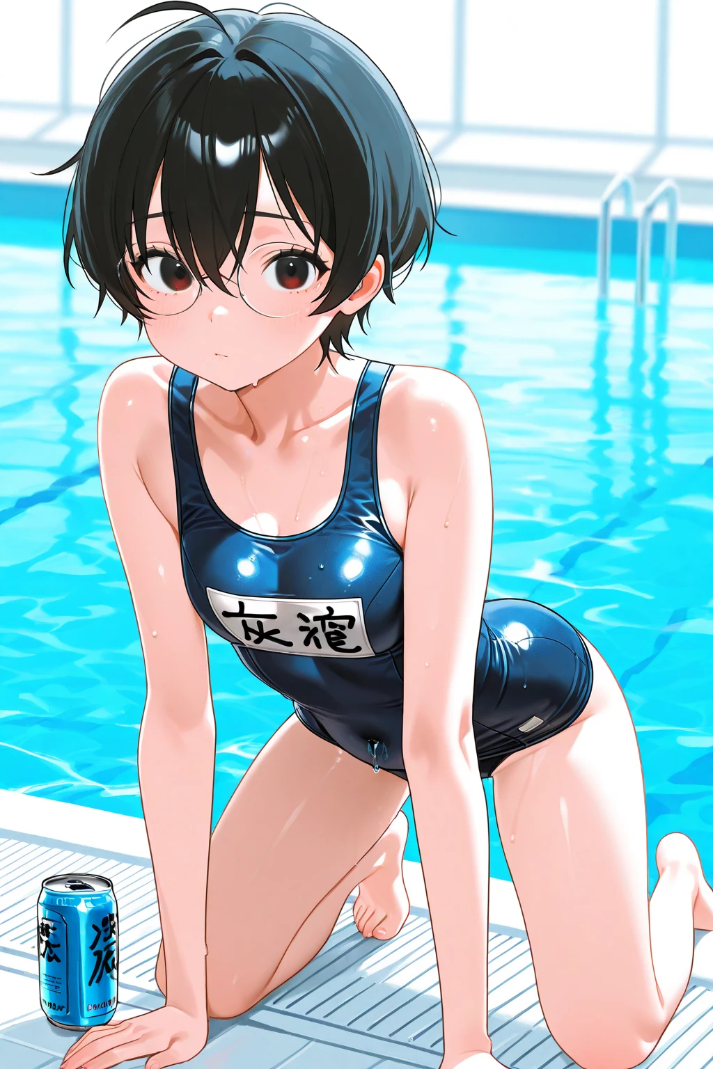 masterpiece,Highest quality,Cute doodles,Hilarious, Honor student, 8-year-old,Low length,Curly Hair, Twin tail hair,Vibrant, inquisitive eyes,freckles,Thick eyebrows,Open Fly,Swim in a simple pool in your garden,Jojo Fashion,Water gun,Wet body,たくさんのsplash,Water Drop,enjoy playing in the water,splash, Sheer one-piece white swimsuit for children,