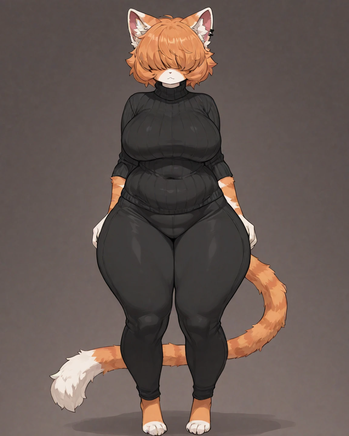 By bebebebebe, by lostgoose, by goonie-san, solo, female, standing, feline, ((hair, snout)), tabby cat, detailed eyes, nude, nipples, vagina, adult, mature, ((dark fur, dark grey fur)) with black stripes, brown eyes, dark hair, silky hair, curvy, thicc
