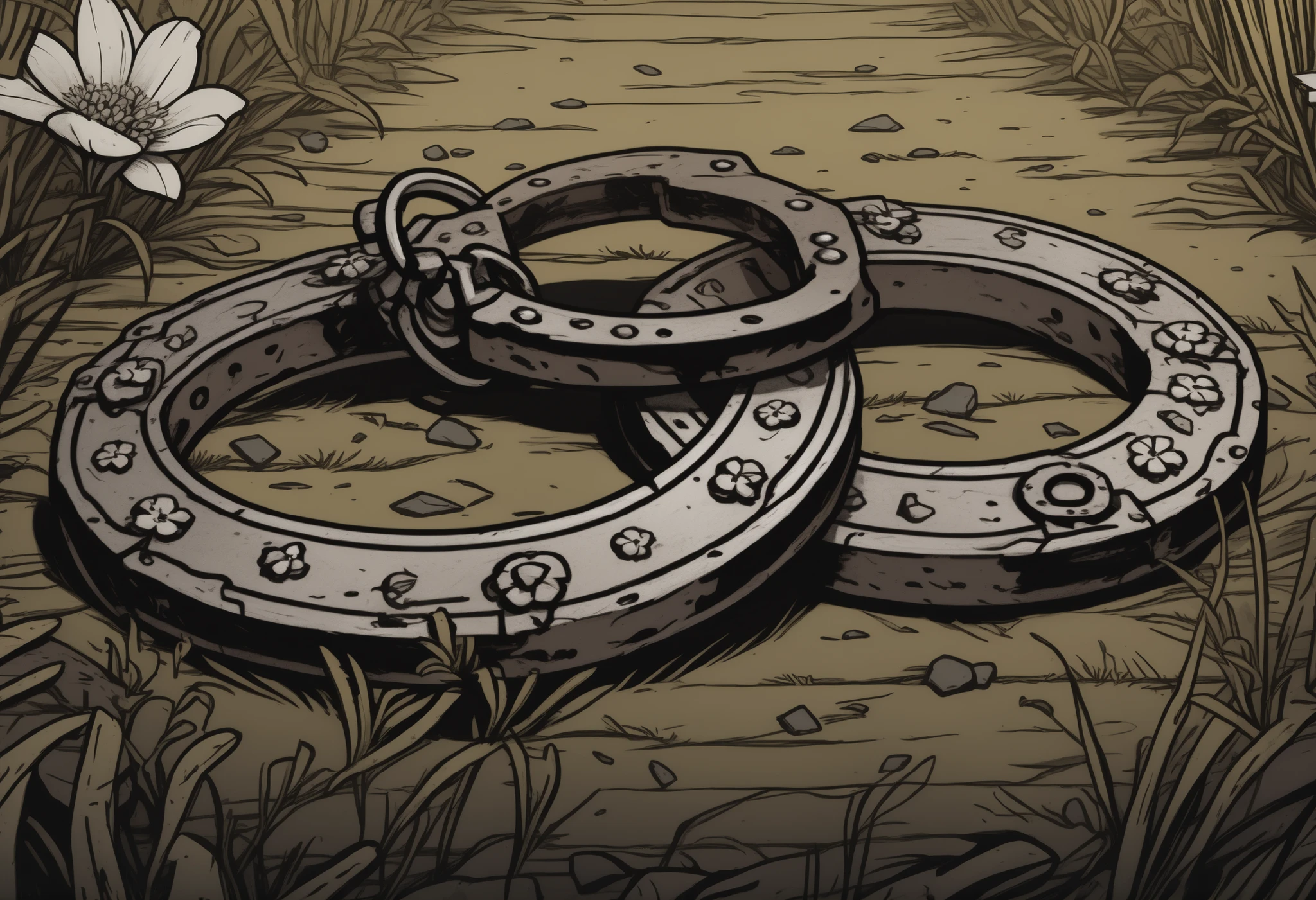 detailed darkest dungeon art, close up of rusty handcuffs on the grass, detailed handcuffs, flowers, close up shot of fetters, thick outlines. sunrise white flowers. small stones, relief emotion, detailed darkest dungeon style, 8k, light. comic details. quality comic. detailed , masterpiece, extreme close up