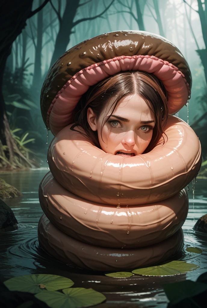1girl,Spider weaves a net on a girl, very realistic, very detailed,bed,stretched, dark cave, struggle in the net,brown haired, very long sheer skirt,lying down,(blindfold:1.4)
