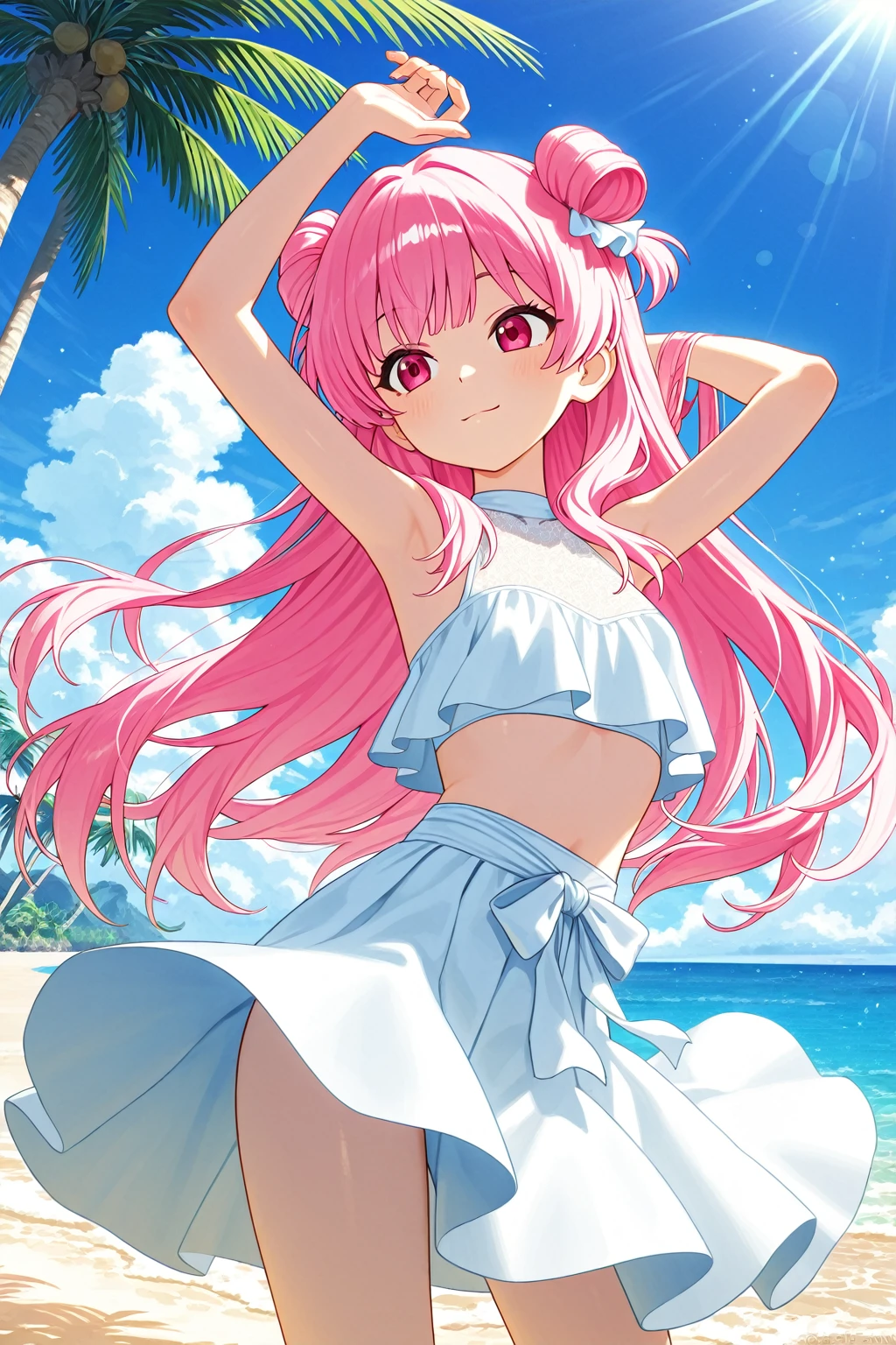 Pink Hair　Short ponytail　Red Eyes　beautiful girl　profile　blue sea　White sand beach　Light of the sun　smile