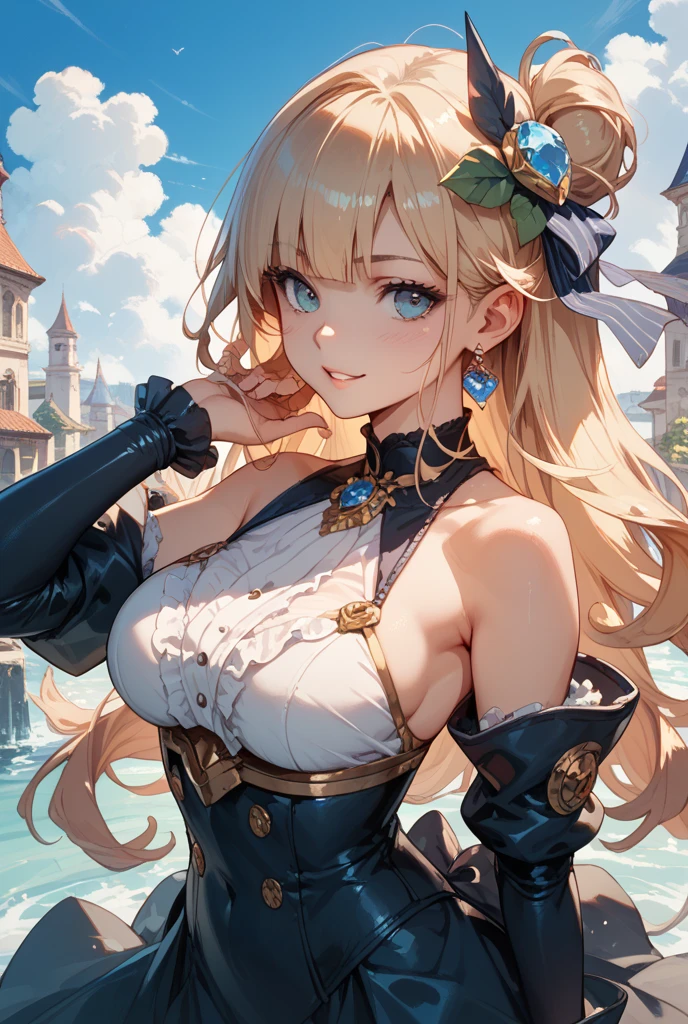 [navia(genshin impact)]:1.5,((masterpiece:1.5,highest quality,Highly detailed images,Beautiful images))(navy images、hold your hat、night scene、A town with an ocean view、The wind is blowing、Overall dim lighting、Backlight、Backlight、A fantastic atmosphere、Thick Fog、Dust flutters),(Close-up image of navia)、(Cute Smile、Great cleavage、Exposing cleavage)
