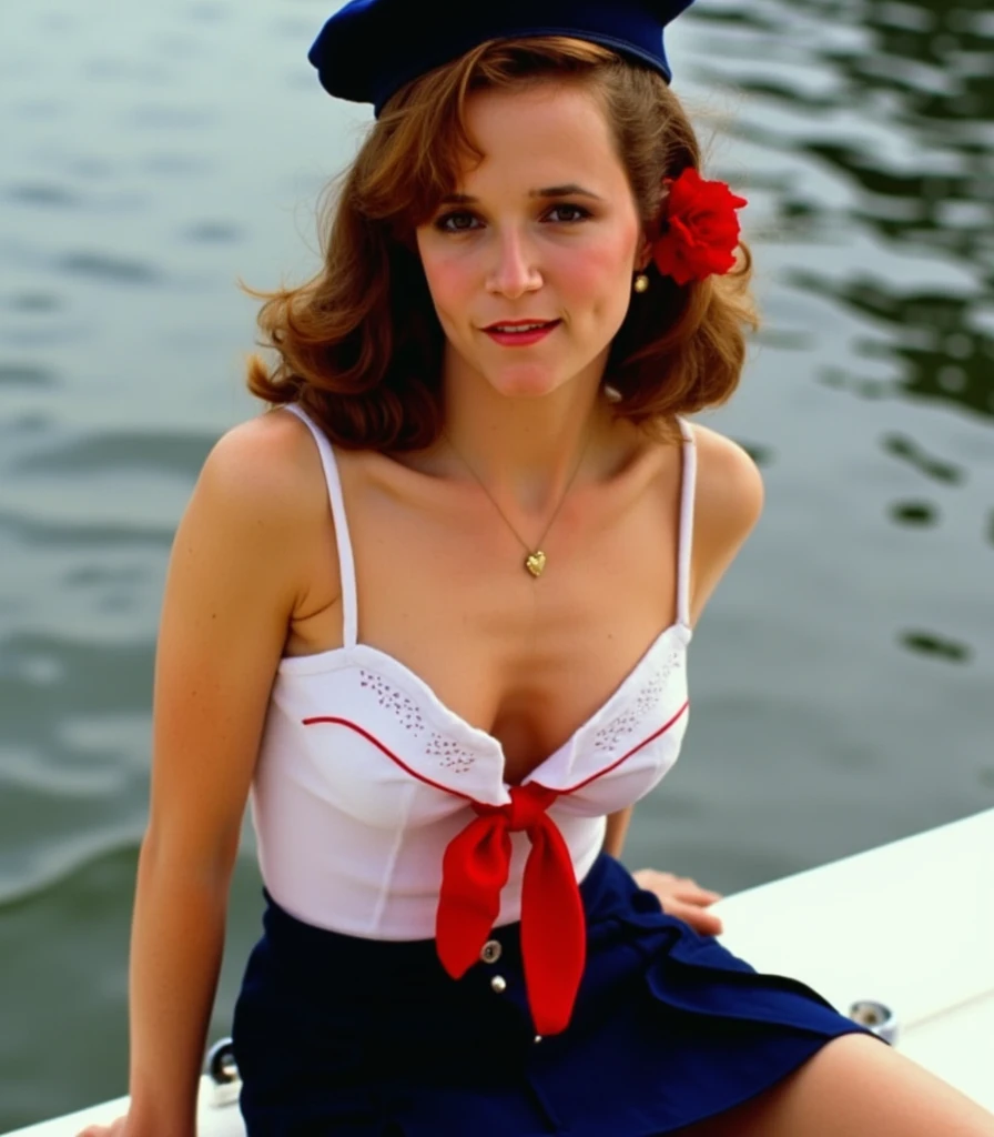 Retro Cam. Jean Patchett, docks, sailor uniform, pin-up, vintage, 22 years old, perfect body, 40's, perspective, half body detail, sharp focus, light mix, detail, 50's, (high skin detail: 1,2), 8k hd, Wallpaper, DSLR, Luz outfit, high quality, Fujifilm XT3 Grainy Films.