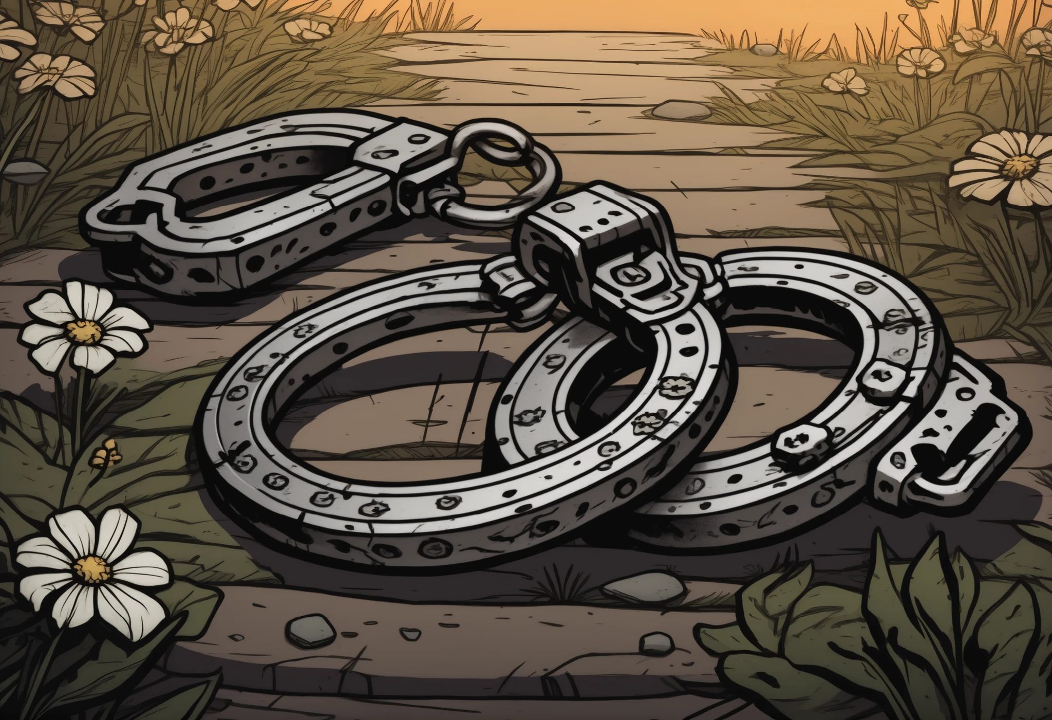 detailed darkest dungeon art, close up of сlean handcuffs on the grass, detailed handcuffs, flowers, close up shot of fetters, thick outlines. sunrise white flowers. small stones, relief emotion, detailed darkest dungeon style, 8k, light. comic details. quality comic. detailed , masterpiece, extreme close up