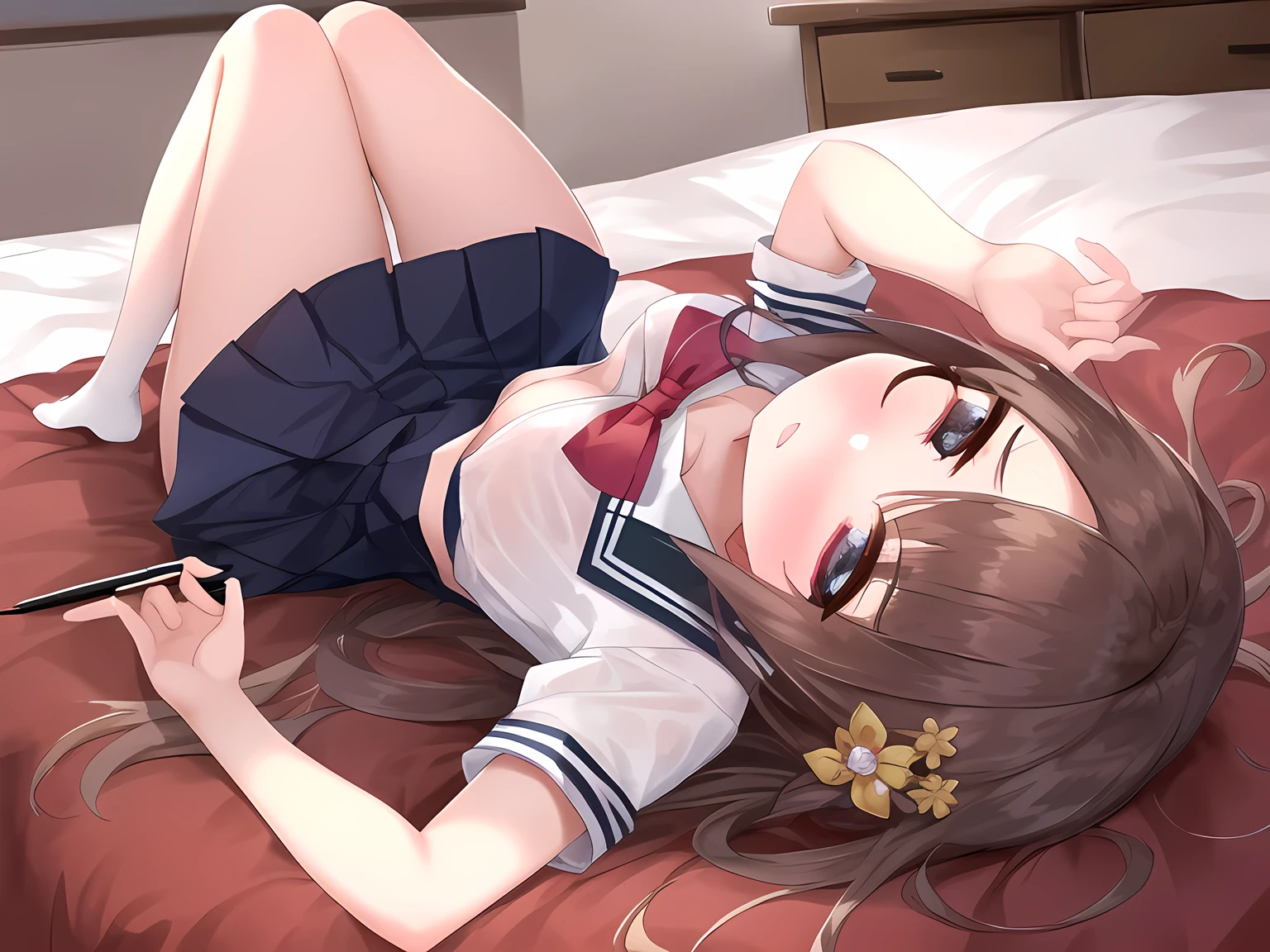 detailed illustration, dynamic angle, ultra-detailed, illustration, 1girl, 18 year old, school girl, wavy brown hair, long hair, bright brown eyes, hearts, white shirt, blue plaid skirt, cleavage, flush, blush, arousal, laying on bed, drunk, dizzy, swirl eyes, wide eyes, open mouth, confused, wide eyes, shocked eyes, amazed eyes, beer bottle, sick, throwing up, green in the cheeks