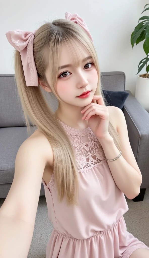 One person、11 years old、Full body photo、slender、Japanese women、White drool coming out of the mouth、smile、Blonde twin tails、 Fair skin, messy hair, super cute、Soft and Face、8K resolution、Surreal、Ultra high definition、 A-cup small breasts（（Highest resolution、、masterpiece：1.3））、Ultra-fine face、Ultra Fine Lips、Beautiful Eyes、double eyelid,Girls&#39; High 、Thighs、thin,Thighsが見える、Shapely small breasts、smile、
