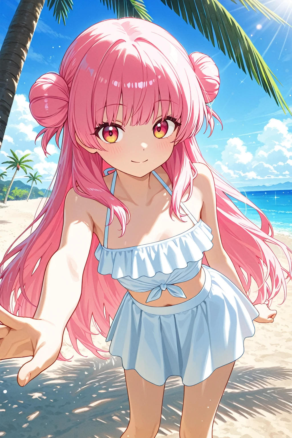 {Best Quality}, {very aesthetic}, {Ultra-detailed}, {Best Illustration}, Watermelon pattern swimsuit, The bikini, Pink hair