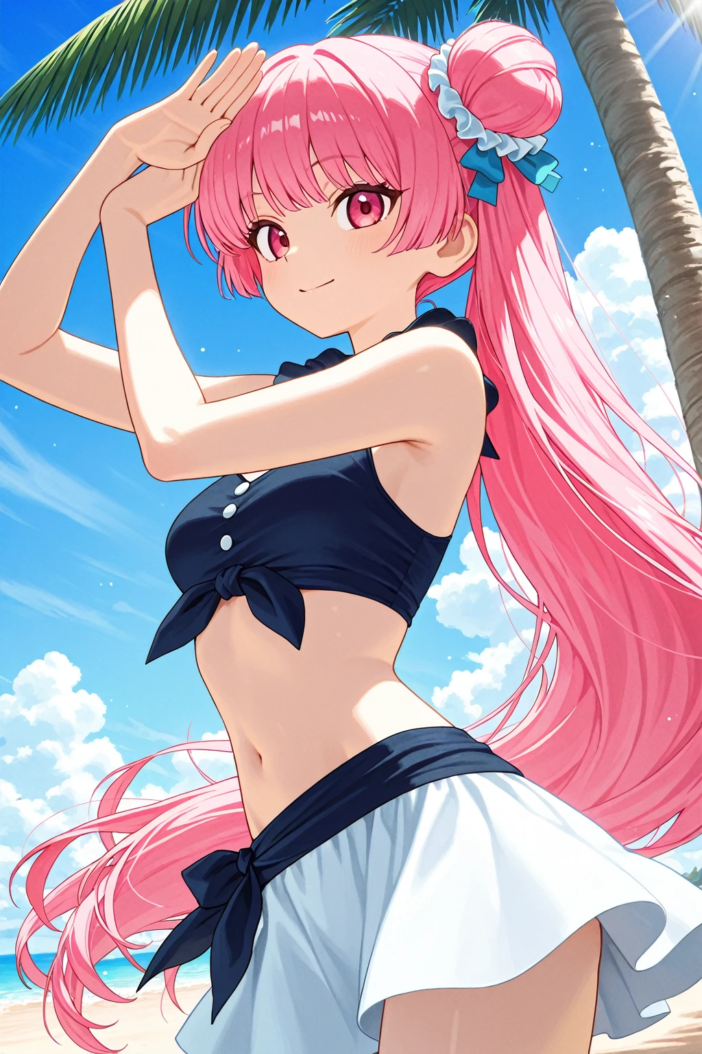 masterpiece, best quality, ultra-detailed, illustration, 1girl, (upper body:1.4), (looking at viewer:1.4), bikini, beautiful detailed eyes, beautiful detailed glow, lots of glow, seascape, beach, sand, lala satalin deviluke, selfie, green eyes, hair pin