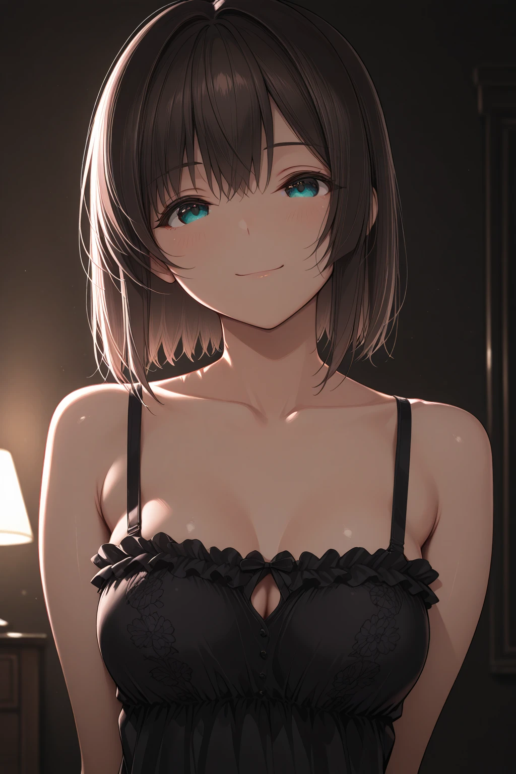 (extremely details CG, Unity, 8K Wallpapers), (extremely delicate and beautiful), (​masterpiece), (top-quality:1.0), (超A high resolution:1.0), beautiful lighting, perfect lightning bolt, realistic shadow, [high resolution], detailed skin, ultra-detail, detailed faces and eyes, brown eyes, 24 years old, timid, shy, ((black very short pixie bob cut hair)), medium large breast, average body, sitting pose, modern apartment living room, on the tatami floor, housewife, modern clothing, green shirt, cleavage, baggy shorts