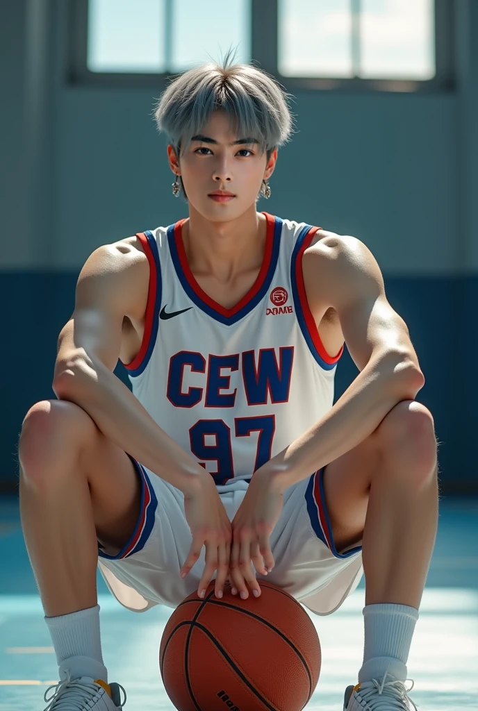 1 Korean young men，male，20 years old，High，Height is 180 cm，Hair is medium length，Basketball jersey，white pants，Nike shoes，White sport socks，Sit on the basketball court，legs open，Badass anime 4k ，POV perspective，Proud，Cold，looking into camera
