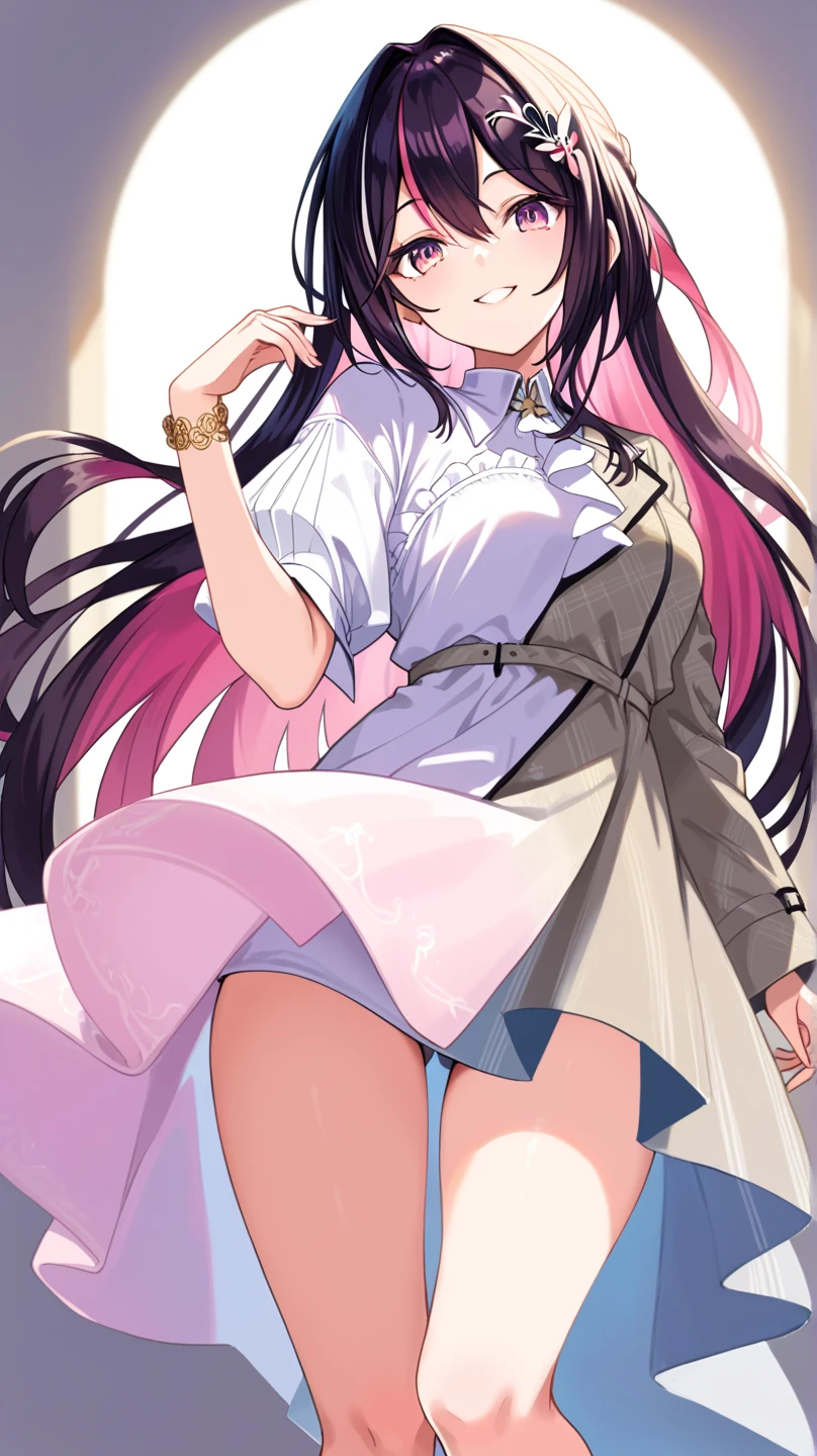 azki_(hololive), 1girl, solo, multicolored hair, pink hair, purple eyes, black hair, hair between eyes, white dress, brown dress, brown jacket, jewelry, long sleeves, x hair ornament, bangs, bracelet, long hair, streaked hair, hairclip, large breasts,,,,(masterpiece),(best quality),(ultra-detailed),(best illustration),(best shadow),(absurdres),(very aesthetic),(detailed background),,in alley,tokyo,night,dim lighting,under lighting,,standing,aged up,(aged up:1.5),shy smile,pucker lips,half closed eyes,skirtlift,from below, lifted by self,(showing pussy,skirt lift,pussy juice:1.2),holding skirt,,pussy juice,(detailed face,pubic hair:1.5),,closed pussy,