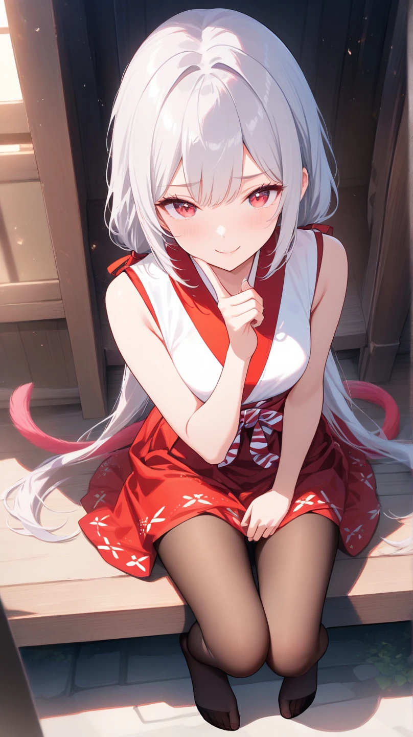 ((4K,masterpiece,best quality)),Traditional Chinese ink painting,White hair, red pupils, dog ears, big breasts beauty,barefoot,Wearing an ancient white robe,The robe has lace on it,Gold bells tied with red ropes on ankles and neck,Sitting gracefully on the bed by the window at dusk,Dress conservatively,Smile,Off-shoulder