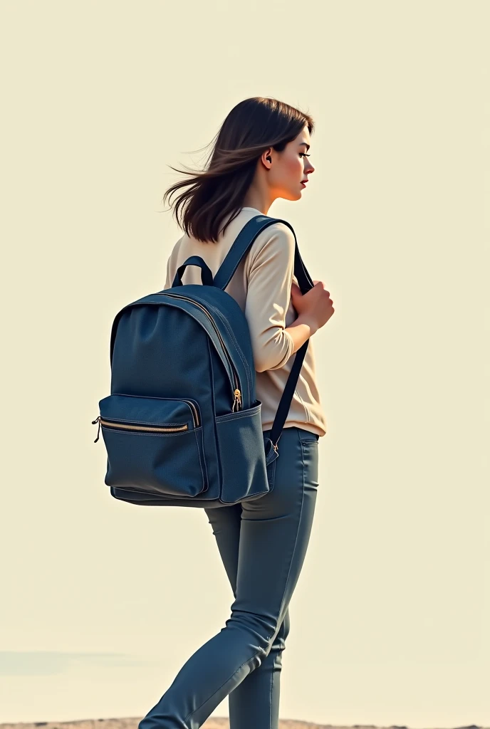 European girl, Backside the girl With her shoulder-length curly hair, Dark hair and a bit of brass, With a light blue small sleeveless backpack and a light blue t-shirt and jeans all over legs and white shoes, The center of her hair was plaited