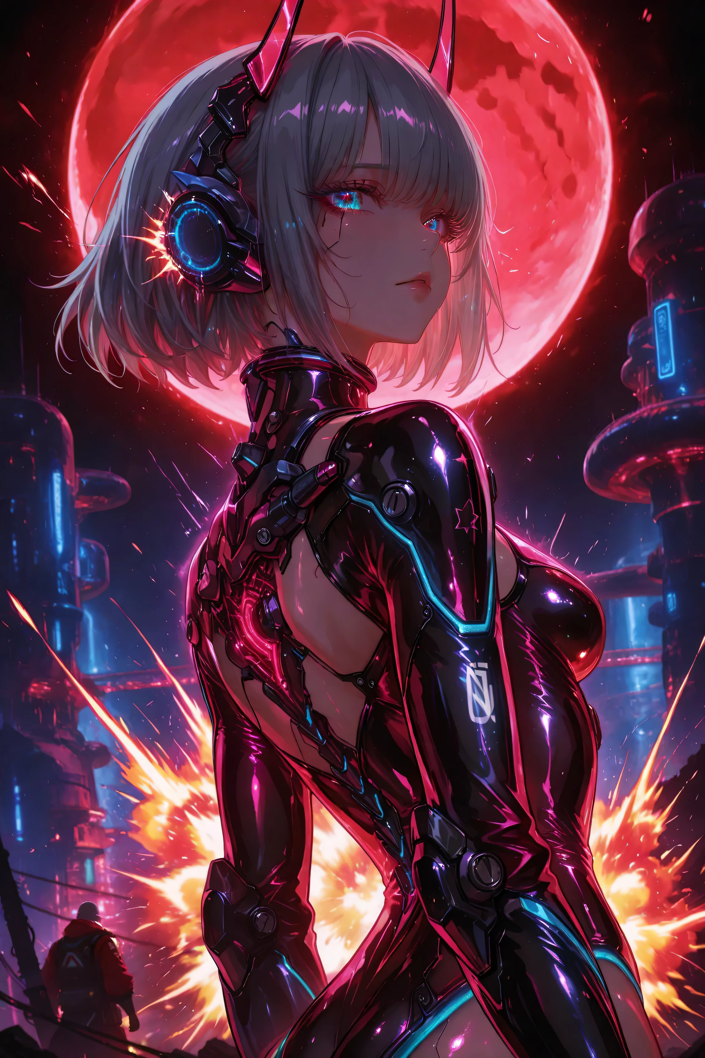 neon art, neon lineart, colorful neon lineart, neon silhouette, silhouette, neon colors, glowing, glow effect, bright outlines, vibrant colors, high contrast, dark background, digital art,Masterpiece, High Quality, High Definition, High Resolution, 16K, Detail, Hyperrealistic, Digital Painting, Cyberpunk, Science-Fiction, One Petite Girl, Small Breasts, Beautiful Face, Long Eyelashes, Fair Skin, Blue Eyes, Stars In Eyes, Short Grey Hair, Beautiful Skin, Shiny Lightweight tight android suit, mechanical hairpiece, view of devastated alien fortress, fight scene, back of character, intense sparks and explosions, big red moon