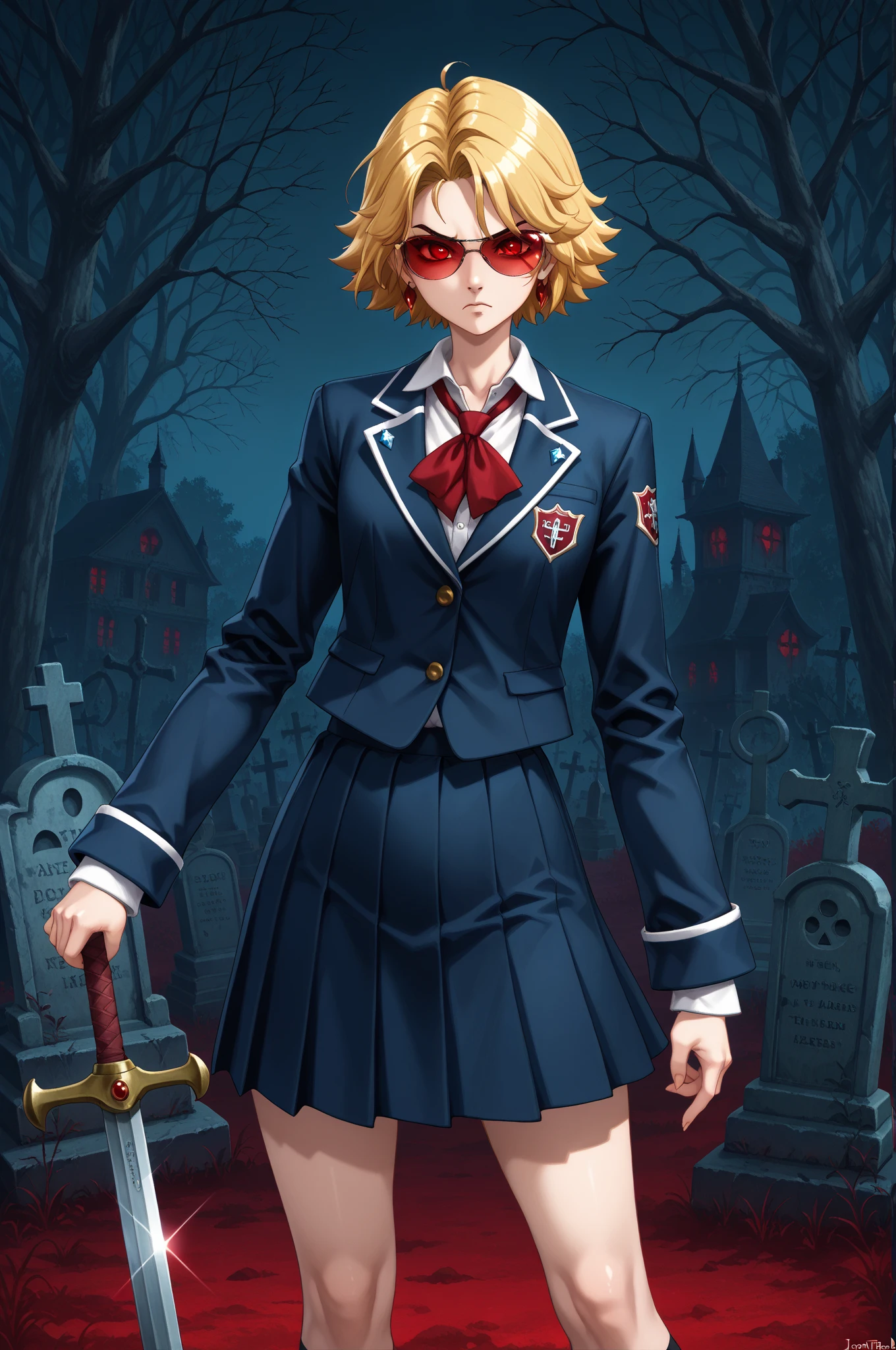 Vampire hunter , Joni the red, blonde short hair , red sunglasses, school uniform, horror mansion graveyard , pose with sword, serious face , solo , 1 girl