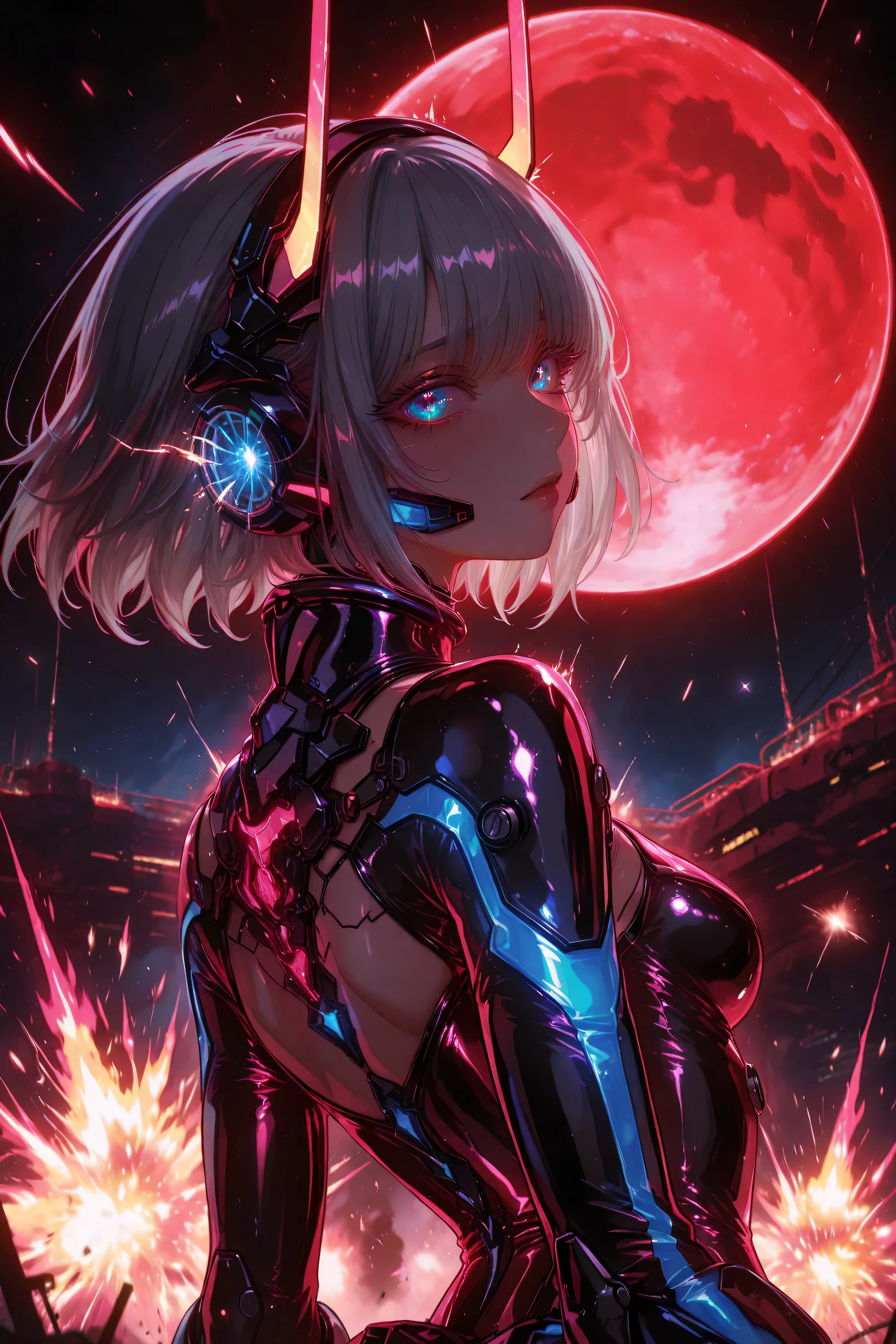 neon art, neon lineart, colorful neon lineart, neon silhouette, silhouette, neon colors, glowing, glow effect, bright outlines, vibrant colors, high contrast, dark background, digital art,Masterpiece, High Quality, High Definition, High Resolution, 16K, Detail, Hyperrealistic, Digital Painting, Cyberpunk, Science-Fiction, One Petite Girl, Small Breasts, Beautiful Face, Long Eyelashes, Fair Skin, Blue Eyes, Stars In Eyes, Short Grey Hair, Beautiful Skin, Shiny Lightweight tight android suit, mechanical hairpiece, view of devastated alien fortress, fight scene, back of character, intense sparks and explosions, big red moon