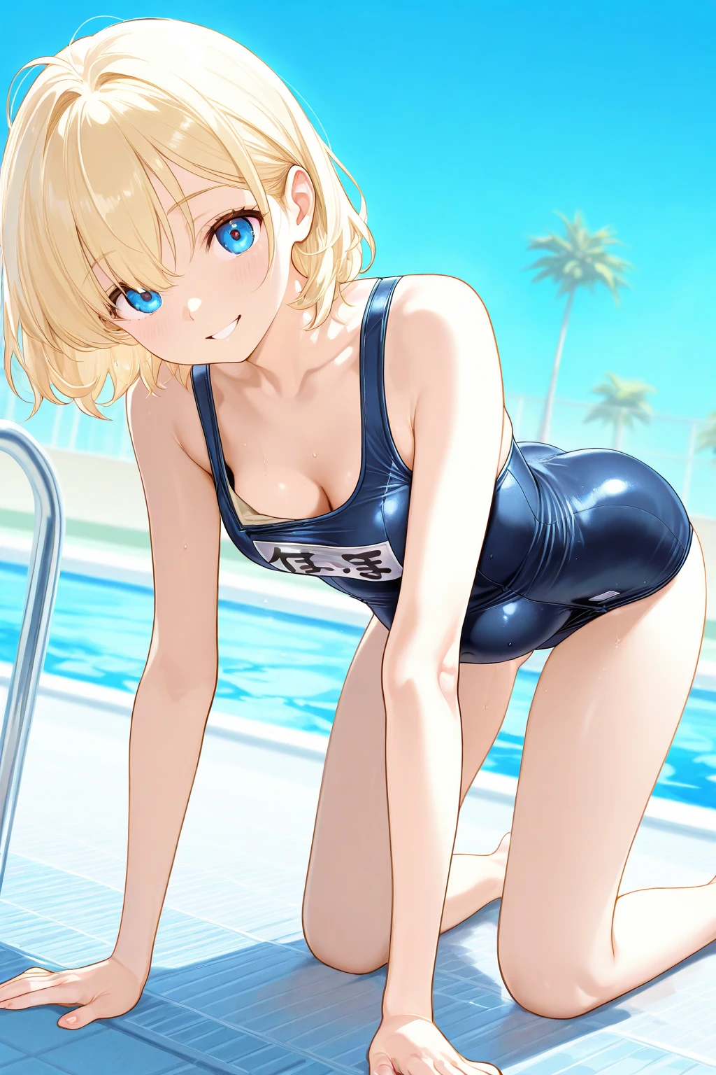 Cartoon image of a man in a swimsuit with a big smile, short blonde boy, Golden eyed boy, Wearing a swimsuit, clothing:High cut swimsuit, solo, Wear a swimsuit, Cool anime boy in black and blue tank suit, Black and blue high leg racing swimsuit, Full Body:: Sunny weather::, One piece swimsuit, Swimsuit, Wet swimsuit, High legレーシングスイムウェア, sunny day, High leg, Ecchi anime style, Bare shoulders, Bare legs, Toned body, Perfect body,