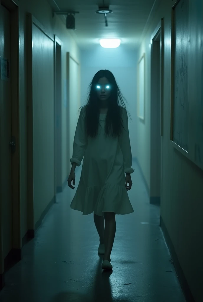 Caught photo (movement shakiness from the head, wide angle, taken from phone) of a 25 year old female getting possessed. Levitating off the ground, only white part is showing from the eyes, pupils and iris are gone, shaking movement, foaming from the mouth, lights breaking intensely around. Creepy, horror. Realistic, insane, realism, micro realistic