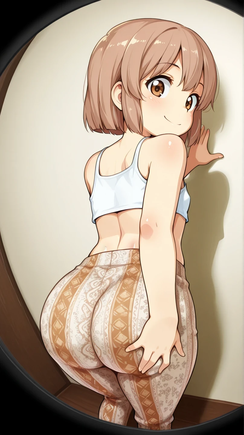 masterpiece,child, below the age of 18, 11 years old, little-girl, under-age, early/teens, im/mature, Juvenile, short, from above, 120 cm in height, short, petite, best quality, highres, absurdres, 1girl, long light brown hair, brown eyes, freckled body, from below, white crop top , printed flare pants, ass, hand on butt, looking back, smile, Leaning against a wall,ass Close-up,(Fisheye Lens:1.5)
