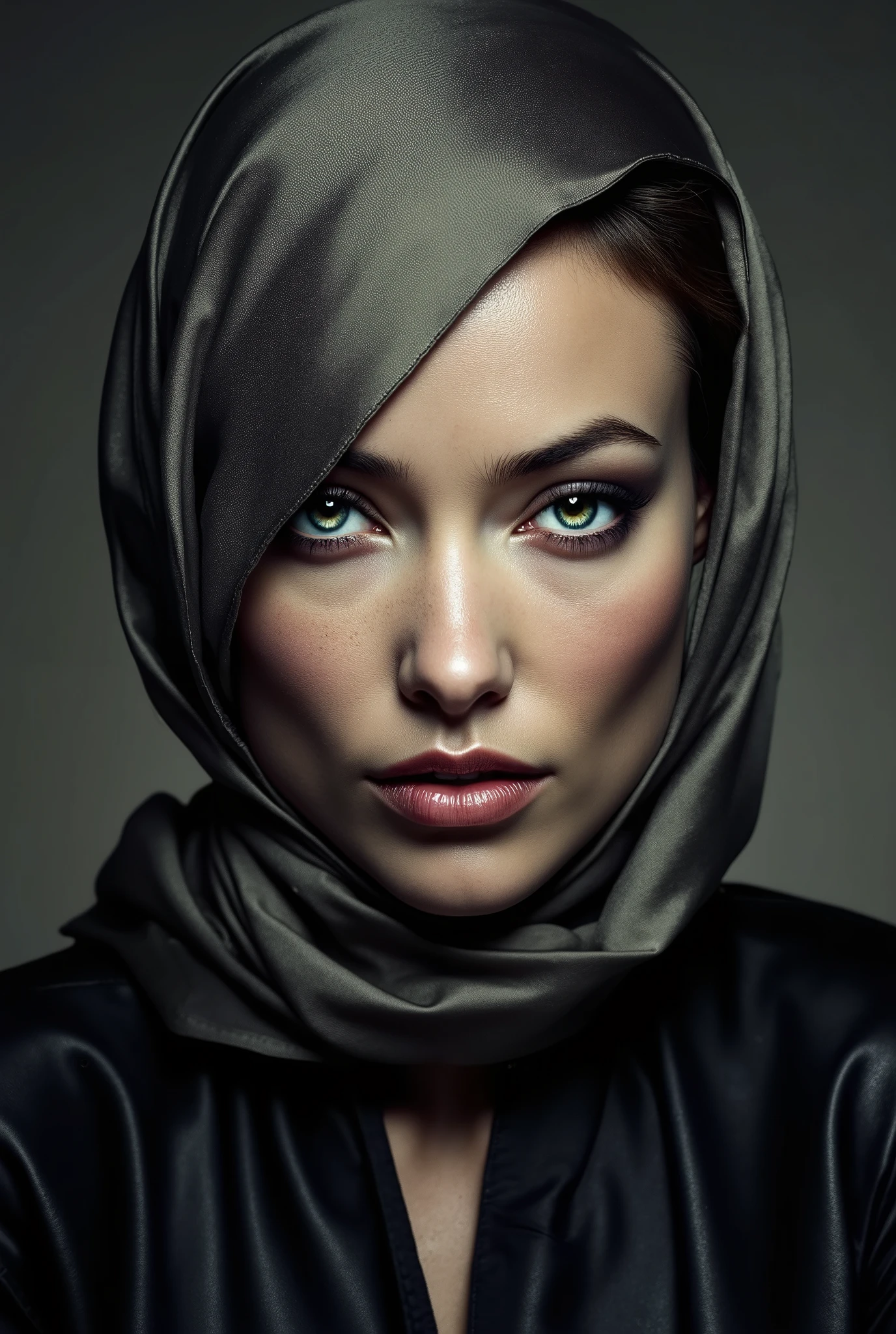 OLIVIA WILDE wearing a hijab, satin, leather, detailed