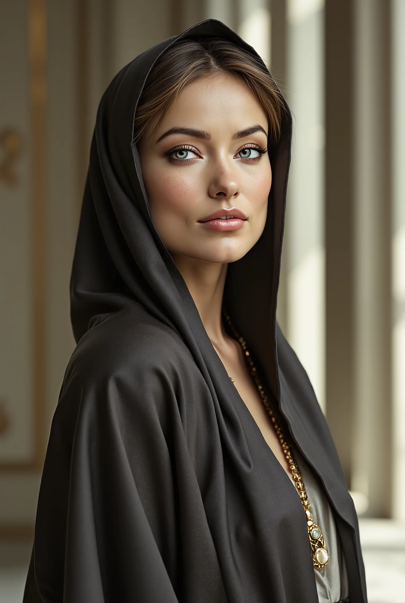 woman wearing a hijab, satin, leather, detailed