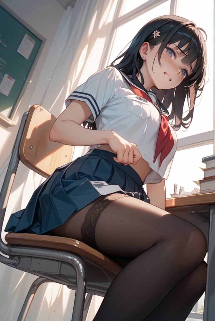 1girl,classroom,glasses,braid,uniform,miniskirt,socks,sitting on chair,(((,white panties))),,open legs,spread legs,looking away