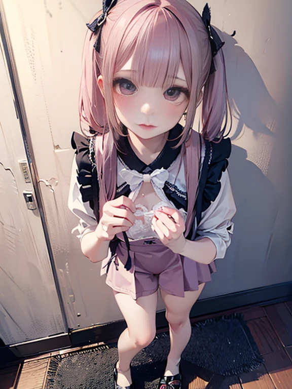 striped hair,pink twintail hair, Hello,  mole under eye, mole under mouth, heart shaped eyes, long eyelashes, pink eyes, heart shaped choker、seaside、Palm tree、Full body Esbian、look at the audience、shy, blush, teeth, ear blush, nose blush,anime style, color field paint, ray tracing, bloom, one person&#39;perspective, nffsw, award-winning, 16k, 最high quality, advanced details, high quality, table top, High resolution, Accurate, Super detailed