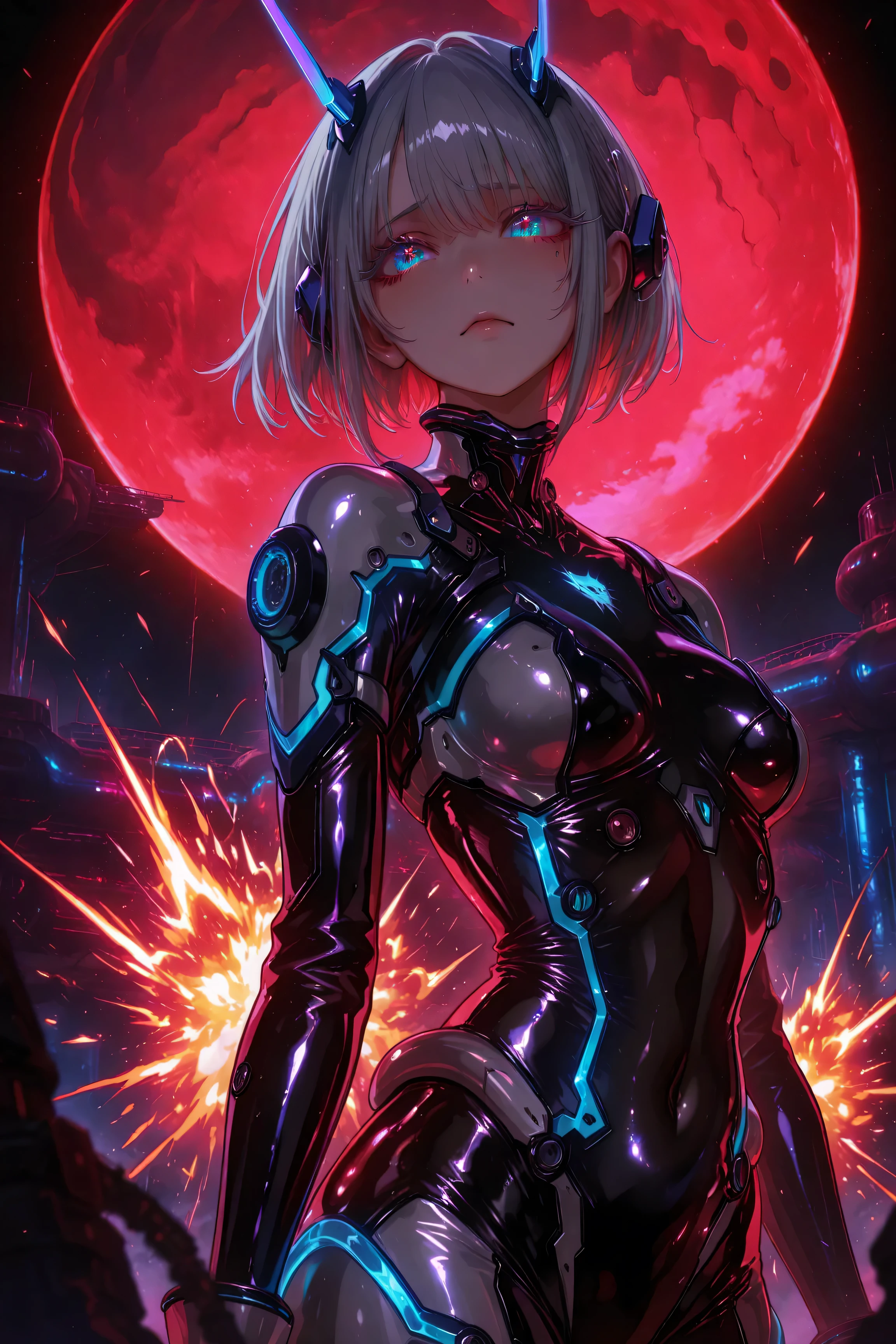 neon art, neon lineart, colorful neon lineart, neon silhouette, silhouette, neon colors, glowing, glow effect, bright outlines, vibrant colors, high contrast, dark background, digital art,Masterpiece, High Quality, High Definition, High Resolution, 16K, Detail, Hyperrealistic, Digital Painting, Cyberpunk, Science-Fiction, One Petite Girl, Small Breasts, Beautiful Face, Long Eyelashes, Fair Skin, Blue Eyes, Stars In Eyes, Short Grey Hair, Beautiful Skin, Shiny Lightweight tight android suit, mechanical hairpiece, view of devastated alien fortress, fight scene,intense sparks and explosions, big red moon