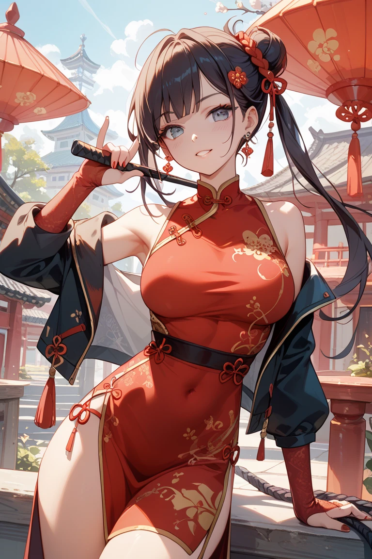 masterpiece, best quality, 1girl, solo, thighhighs, chinese-clothes, gloves, very-long-hair, dress, hair-bun, twintails, china-dress, red-dress, double-bun, black-thighhighs, brown-hair, brown-eyes, full-body, red-footwear, pelvic-curtain, looking-at-viewer, bandages, blush, standing, breasts, bangs, armlet, sleeveless, fighting-stance, sleeveless-dress, brown-gloves, bare-shoulders, v-shaped-eyebrows, bandaged-arm, side-slit, leg-up, medium-breasts, gradient-hair, boots, ankle-boots, floating-hair, closed-mouth, simple-background, hand-up, blunt-bangs, sash
