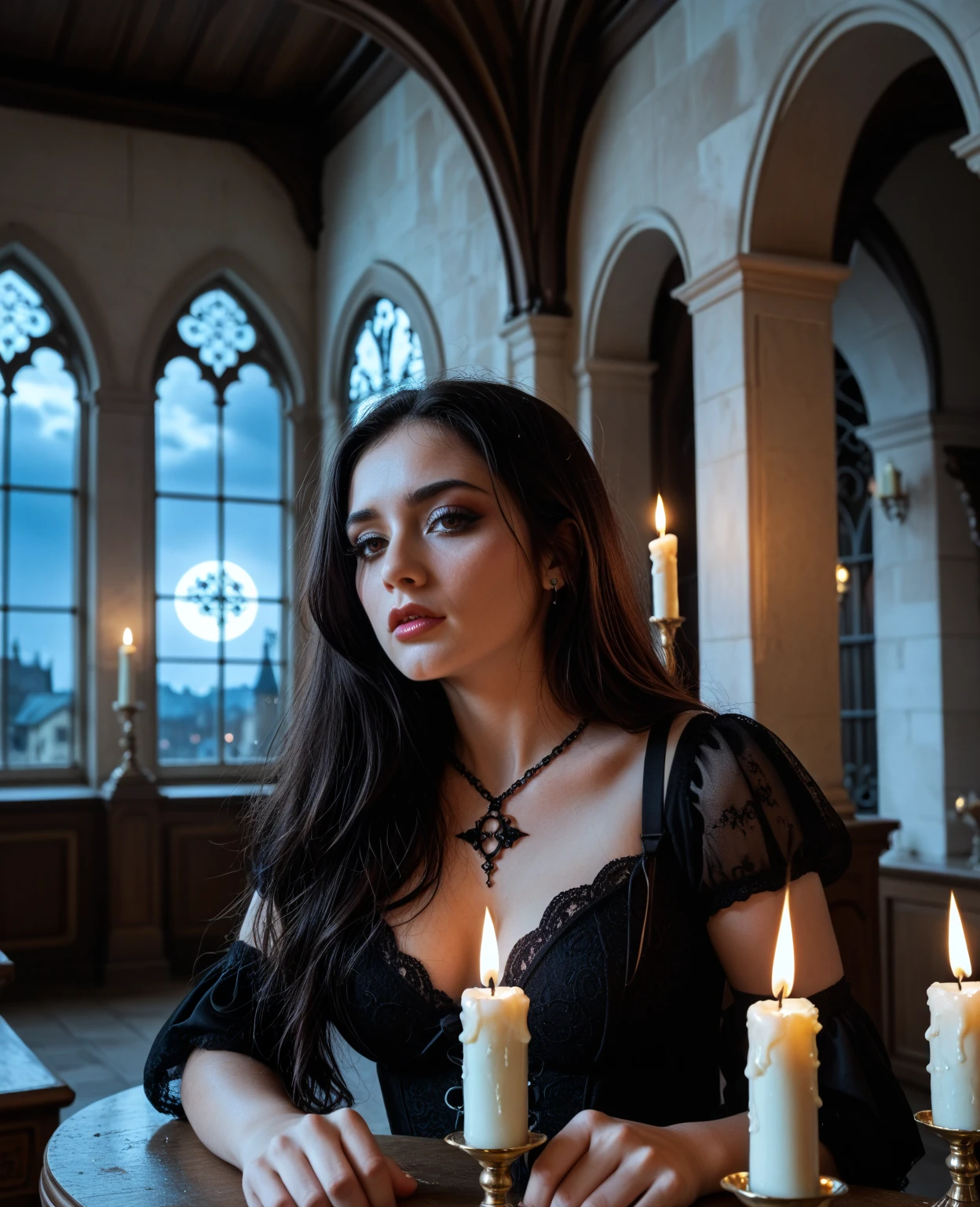 Beautiful gothic vampire, beautiful face. with sexy transparent tunic. detail. convent, crypt, circles of candles everywhere. chandeliers. cathedral glass windows. Dim candle lighting. Gothic style. 1:1 hyperrealistic, cinematic, 4k 8k. lotto flower. mystery.