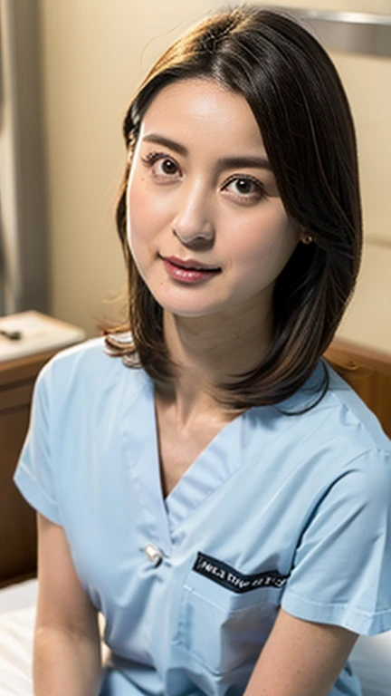 ((最high quality、8k、masterpiece:1.3))、Realistic, Sharp focus, high quality, High resolution, alone, Japanese, A kind smile,Middle-aged women,56 years old, (Big Breasts:1.4), (Big Ass 1.1)、Medium Long Hair, Wrinkles around the eyes、Embarrassing appearance、A shy smile、((Up to the thighs))、A seductive gaze、A kind smile、Health insurance center staff、Health check-up staff、Light blue nurse clothes、Sunny afternoon、((At the hospital entrance))、Holding a document binder、((waiting))、A gaze that seduces viewers、