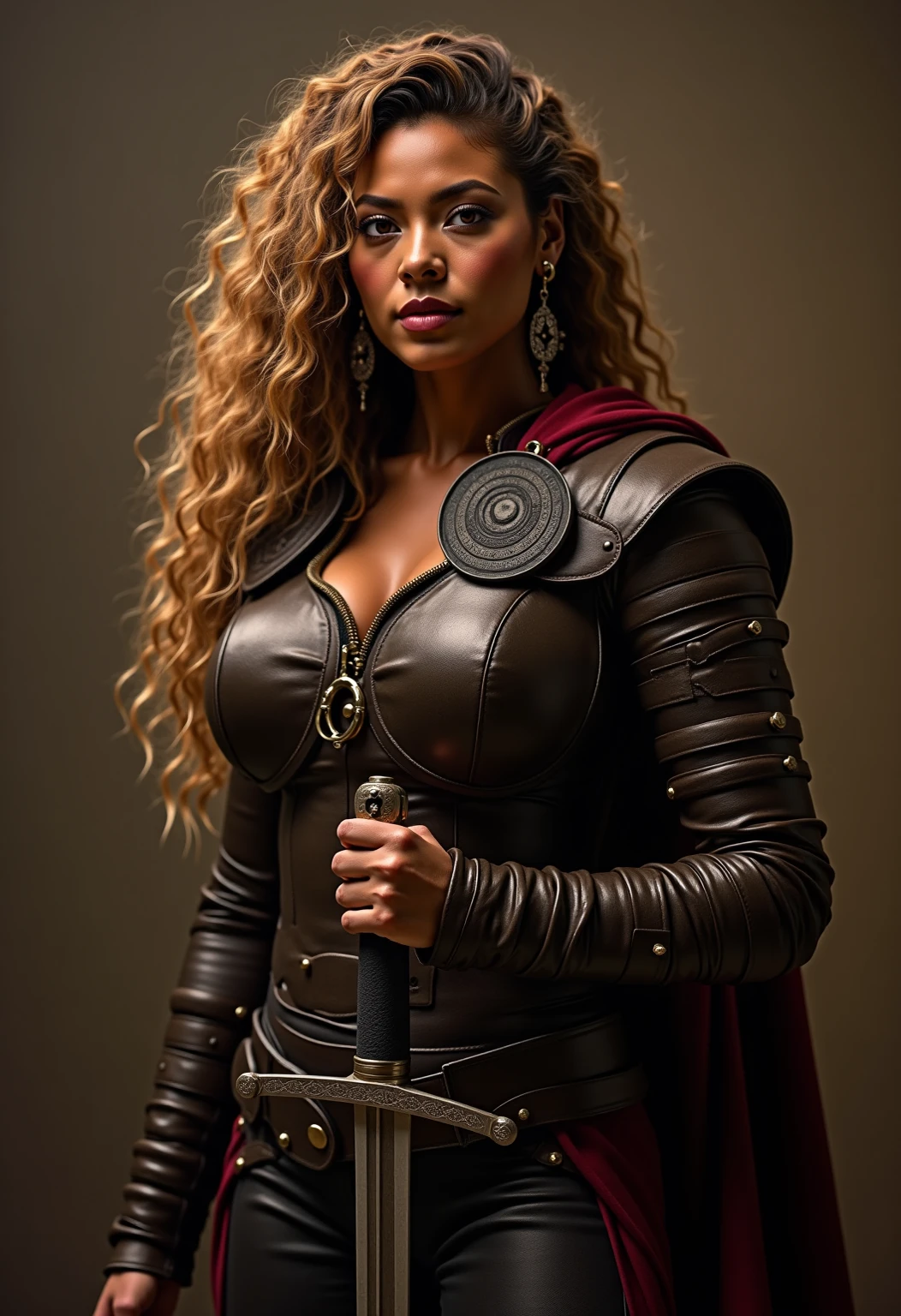 A woman dressed as a MEDIEVAL WARRIOR, Steel sword in hand, Concentrate on the front part, becomes a curvy physique, Beyonce in shape toned, thick, thick thieves, Beyonce in shape, fit woman, fitness model, muscular thicc thighs , Physical aptitude, thicc thighs! toned body, Giant tits, ebony skin tone, Long wavy hair, Giantess woman, Fine body, on battlefield, chuva pesada, fog, body soaking wet, cinematic: black andwhite, Excellent lighting